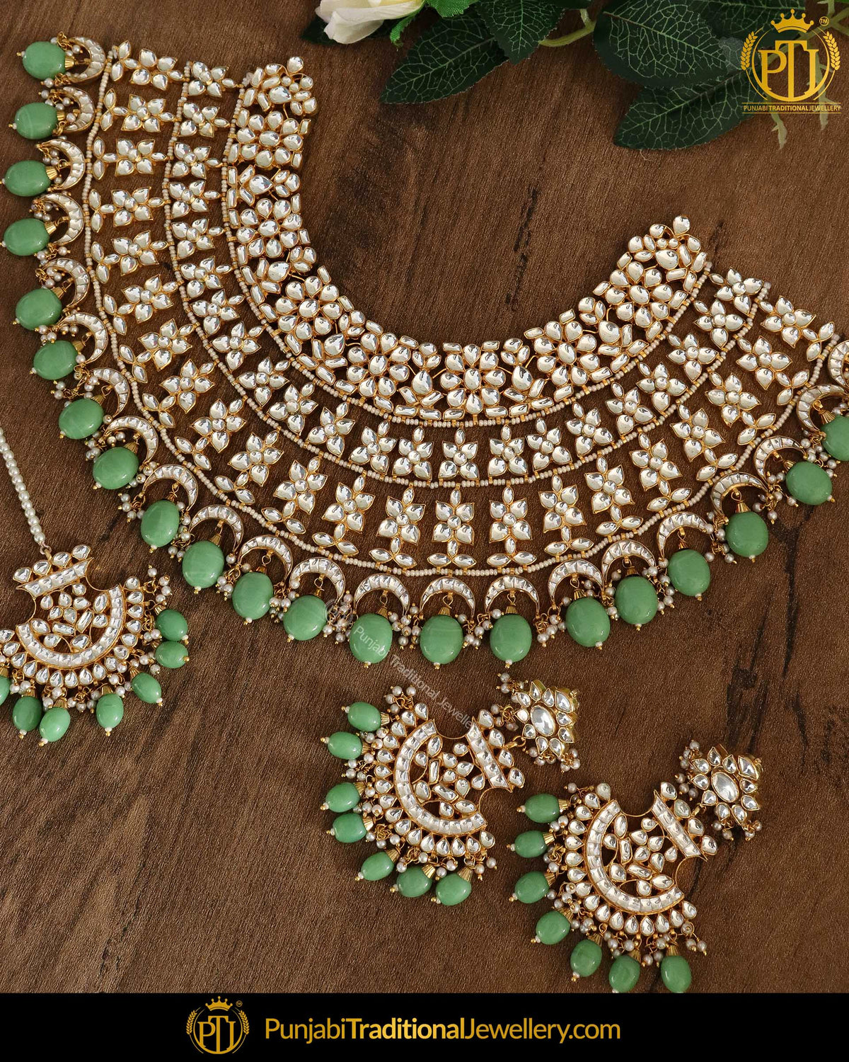 Kundan New Jade Pearl Necklace & Earring Tikka Set | Punjabi Traditional Jewellery Exclusive
