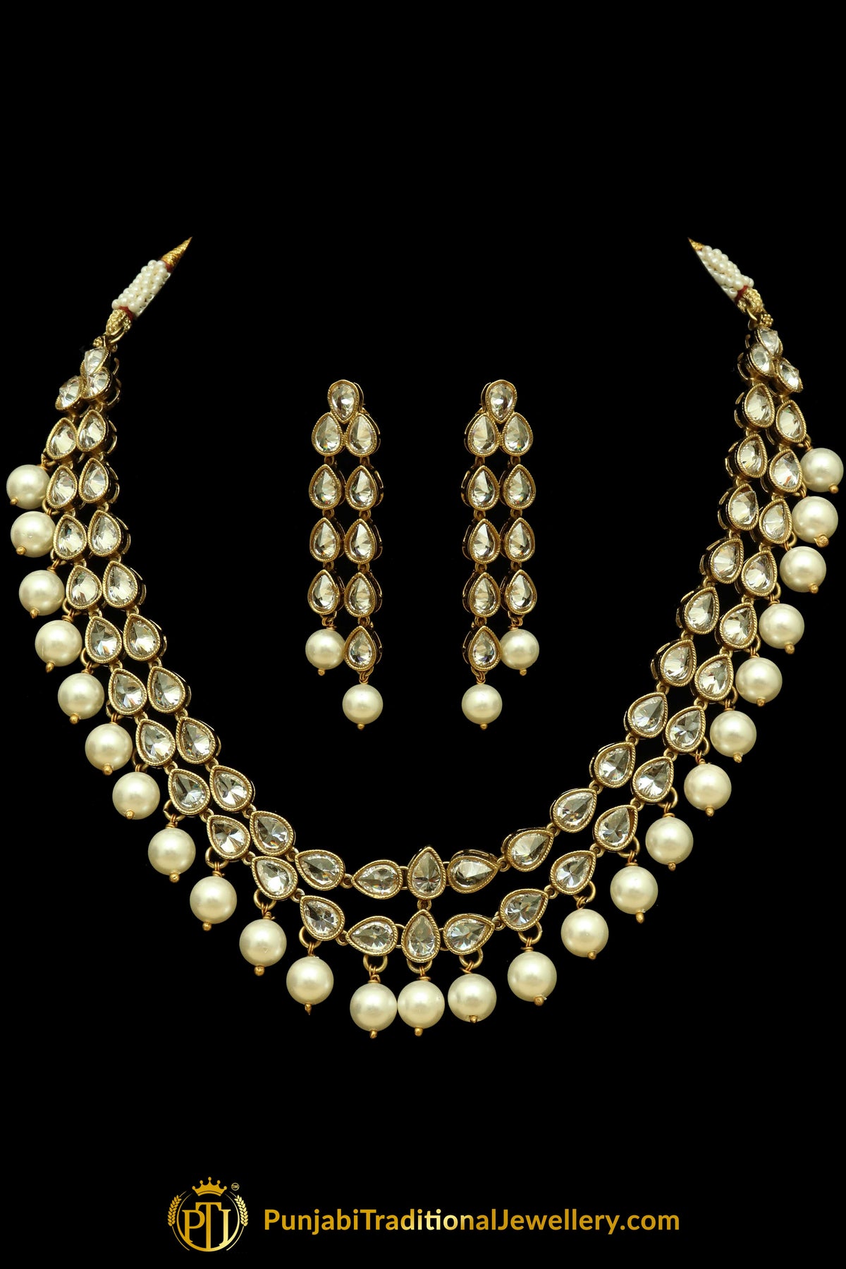 Silver Polki Pearl Necklace Set By Punjabi Traditional Jewellery