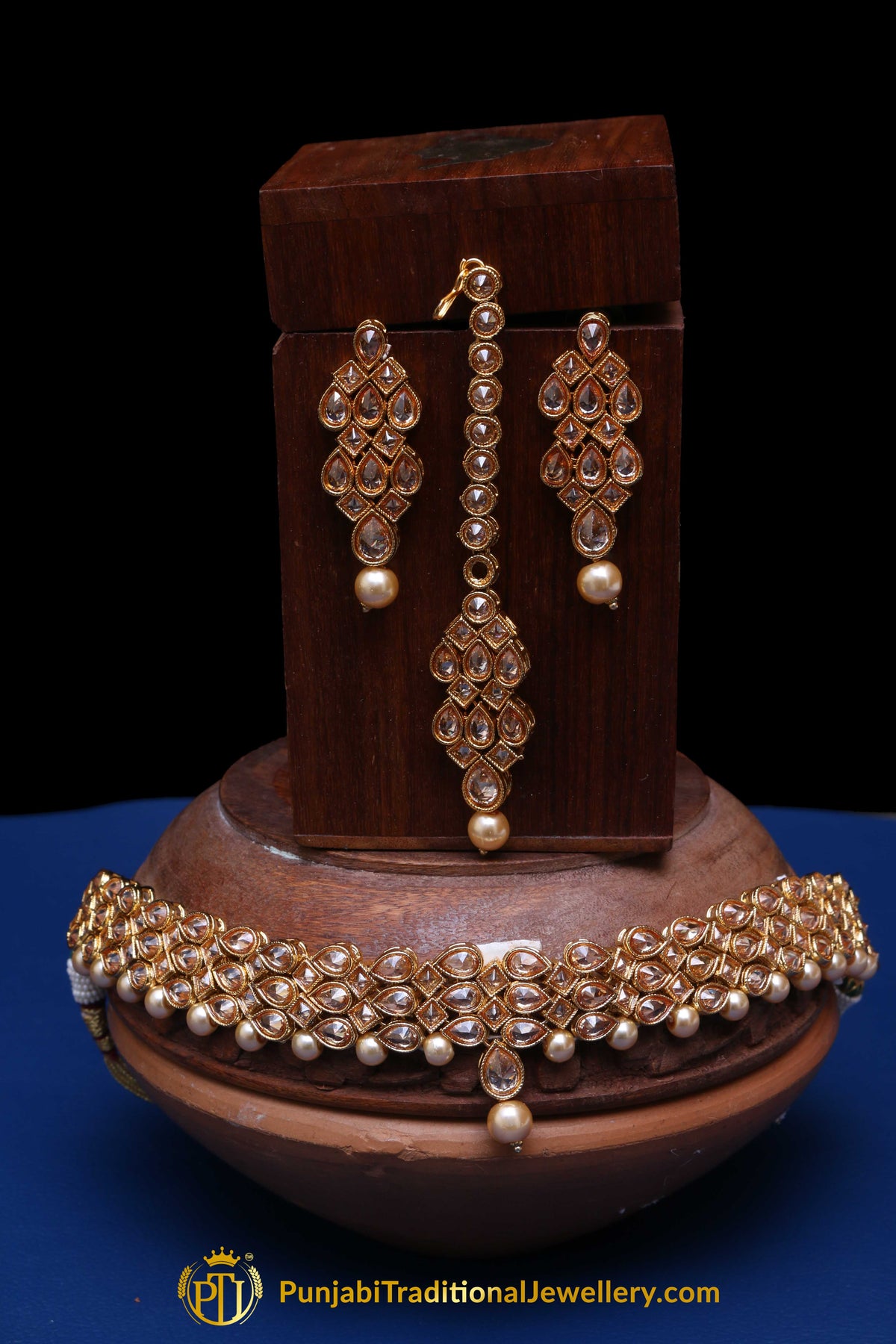 Pearl Champagne Stone Necklace Set By Punjabi Taditional Jewellery