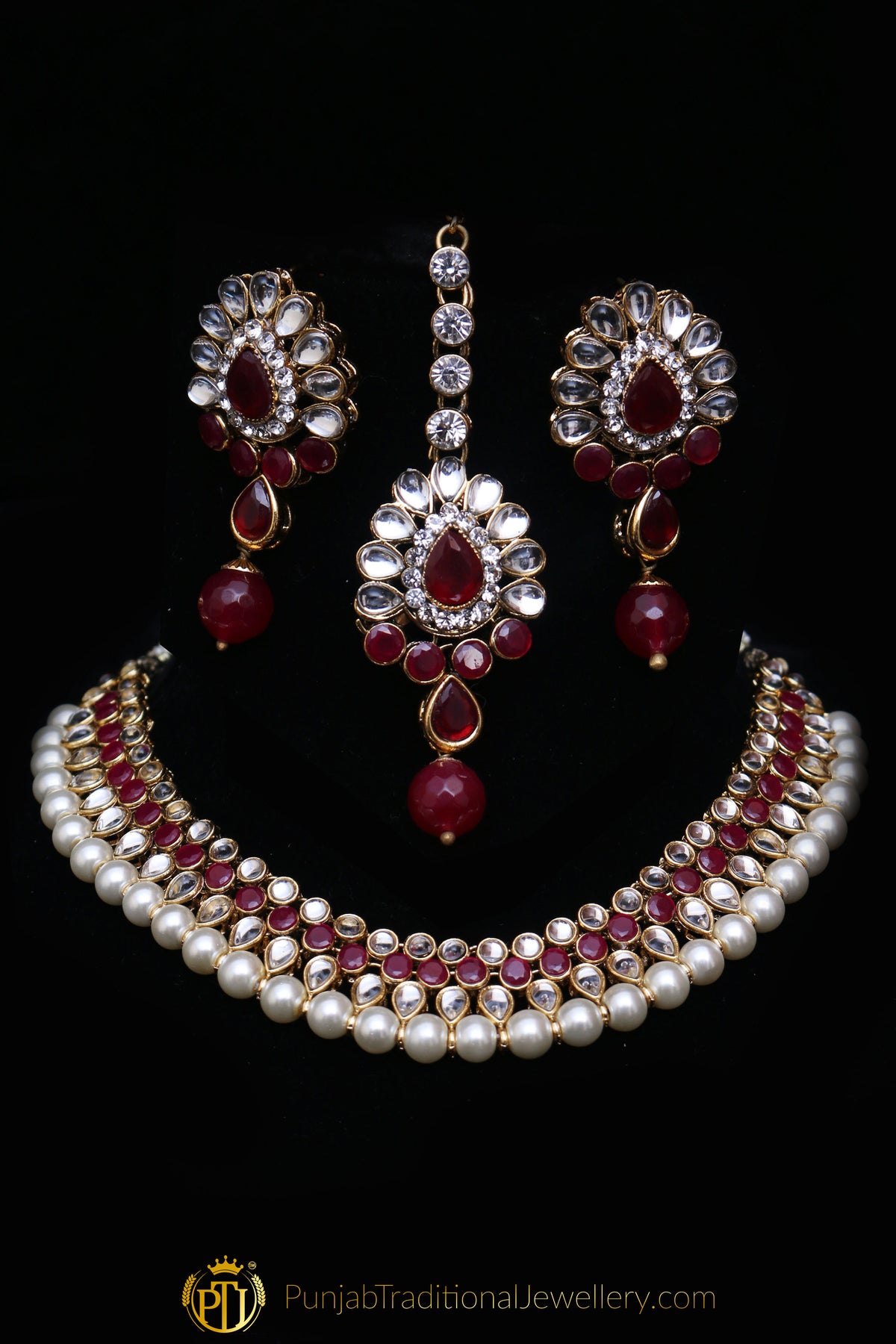 White & Maroon Necklace Set By Punjabi Traditional Jewellery