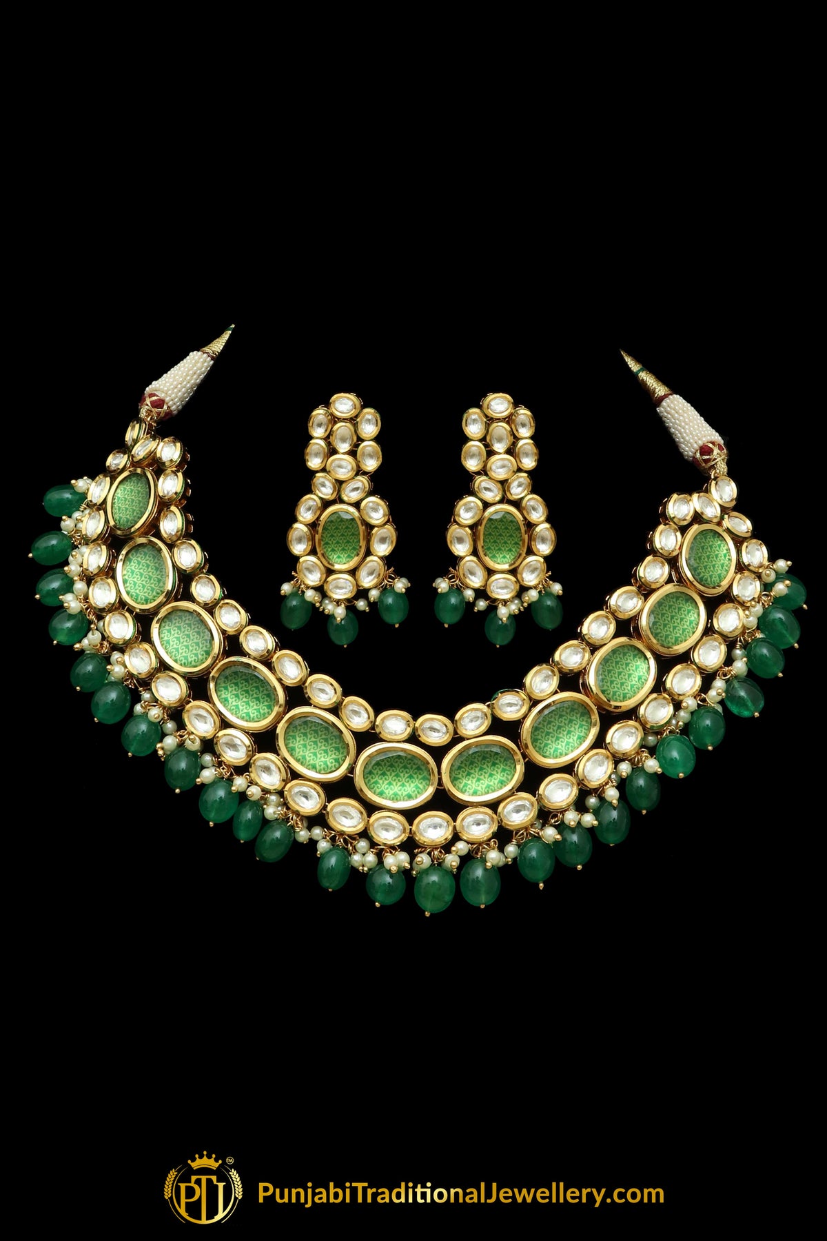 Green Kundan Necklace Set By Punjabi Traditional Jewellery