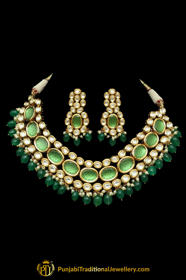 Green Kundan Necklace Set By Punjabi Traditional Jewellery