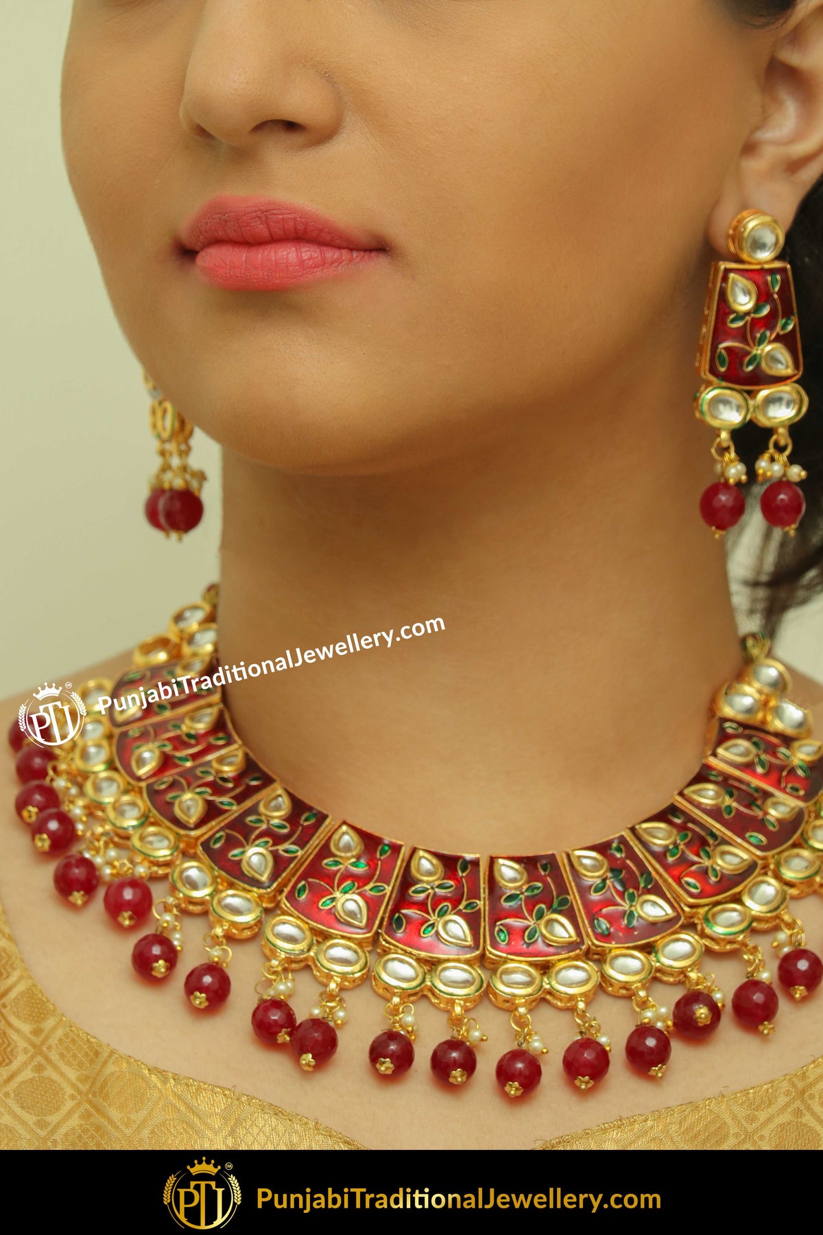 Jian Hand Painted Rubby Kundan Necklace Set & Earrings | Punjabi Traditional Jewellery Exclusive