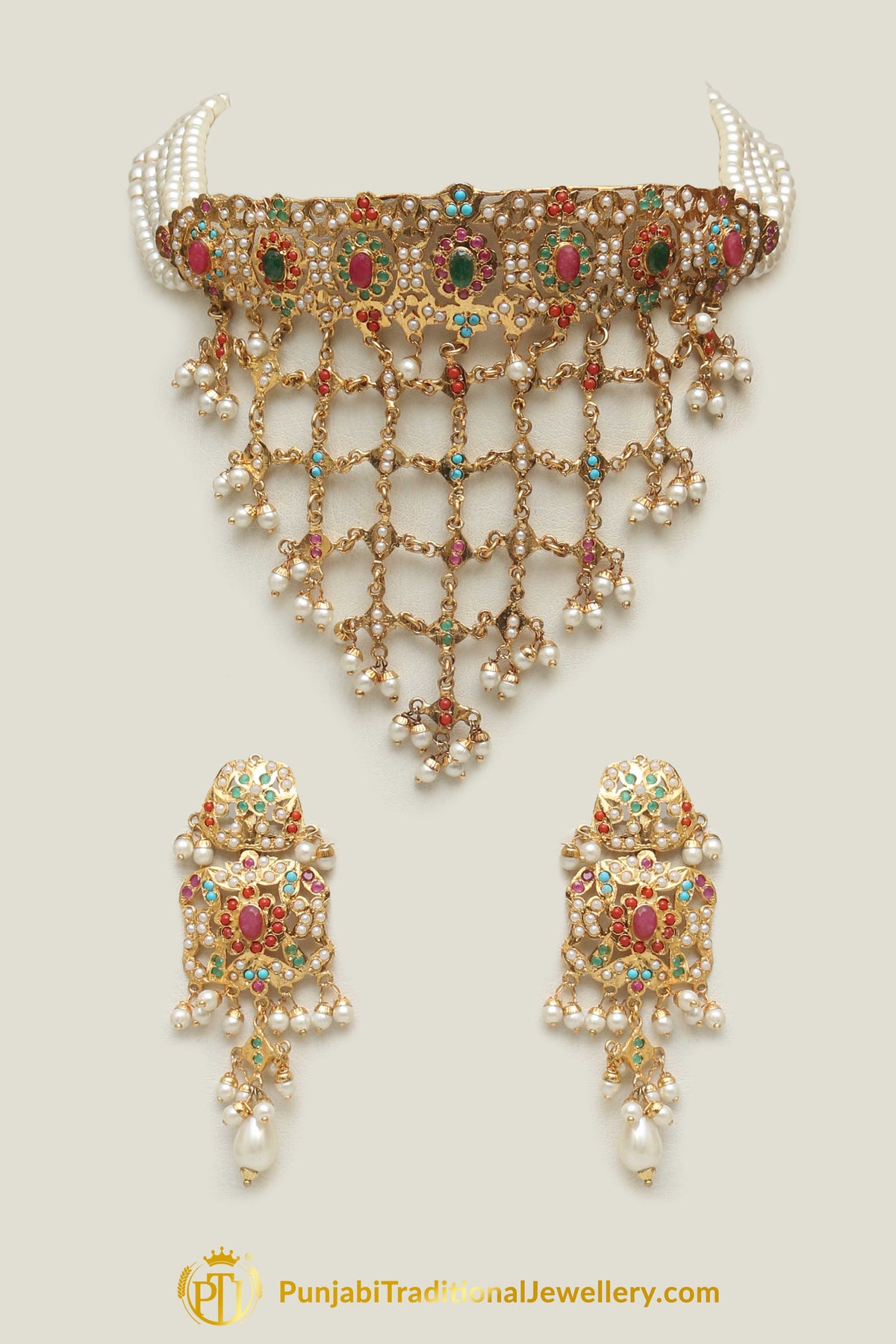 Jadau Multi Pearl Necklace Set By Punjabi Traditional Jewellery