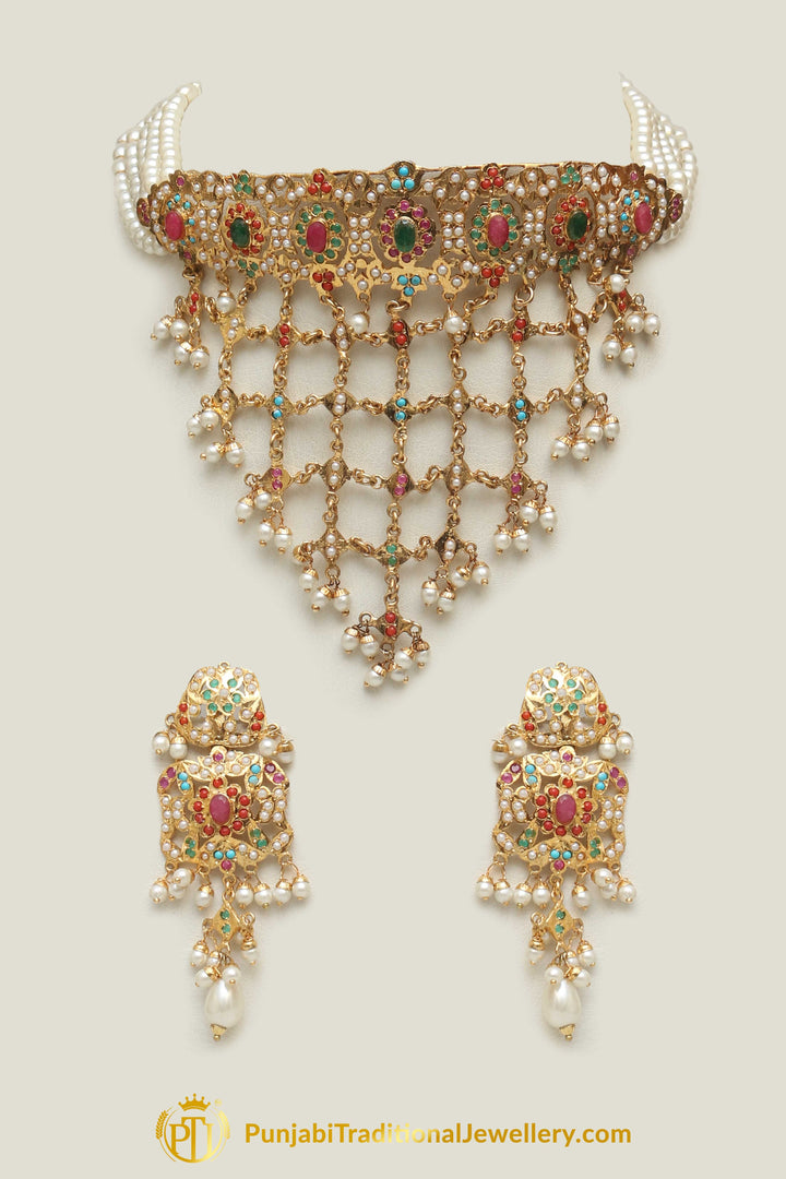 Jadau Multi Pearl Necklace Set By Punjabi Traditional Jewellery