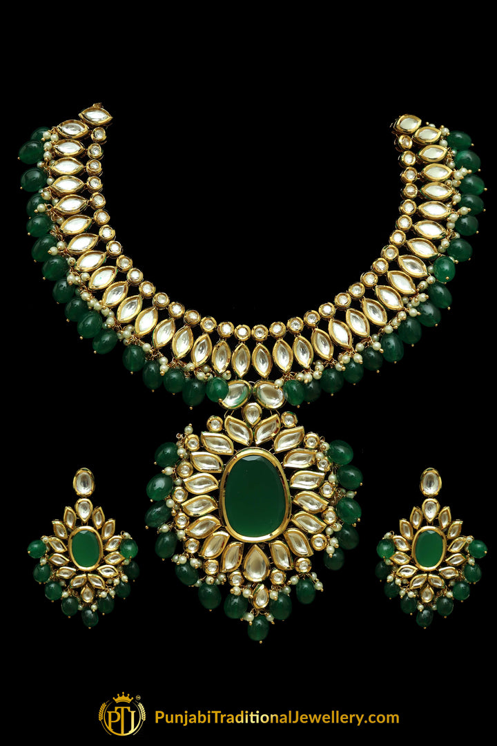 Green Kundan Necklace Set By Punjabi Taditional Jewellery