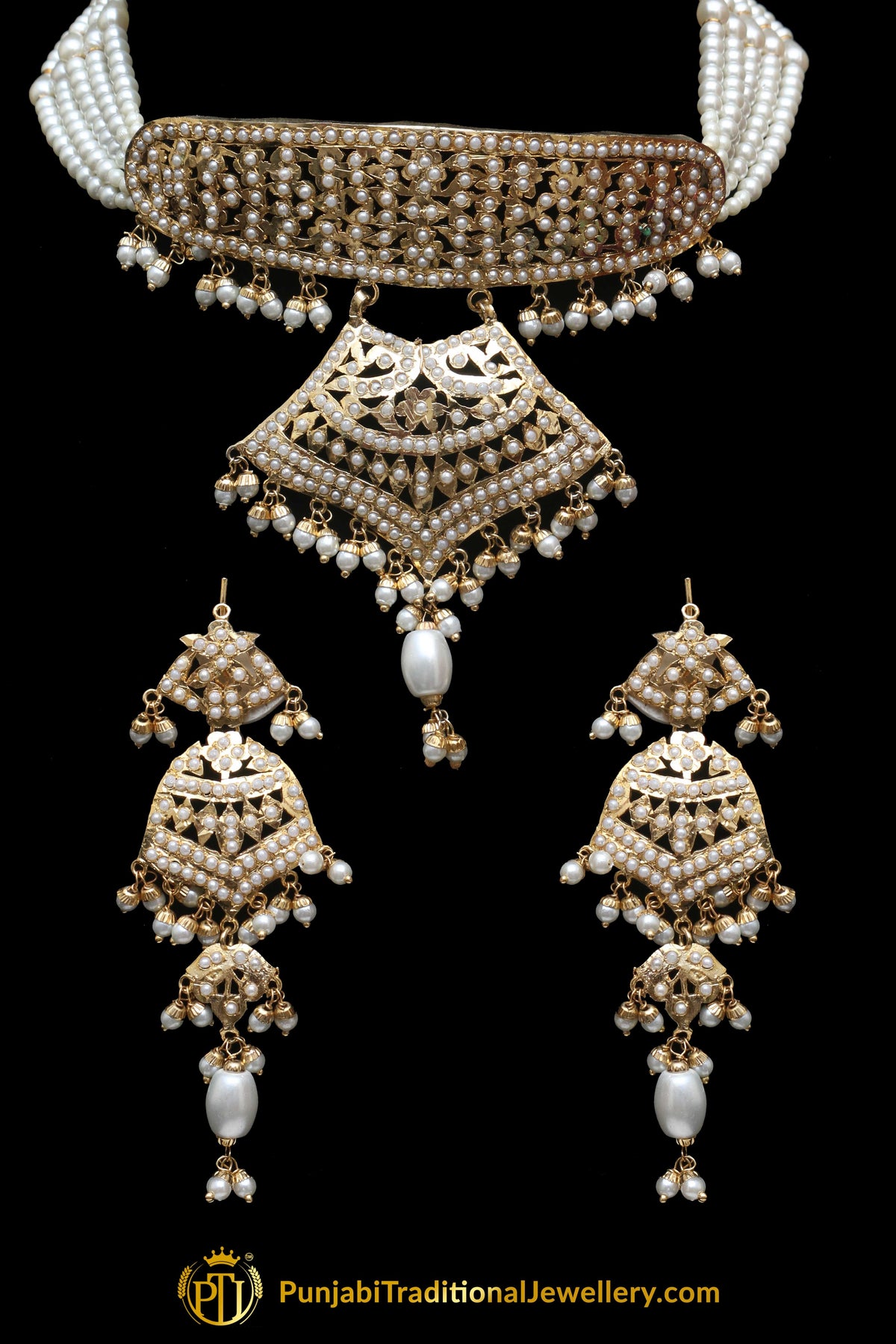 Jadau White Pearl  Mala Necklace Set By Punjabi Traditional Jewellery