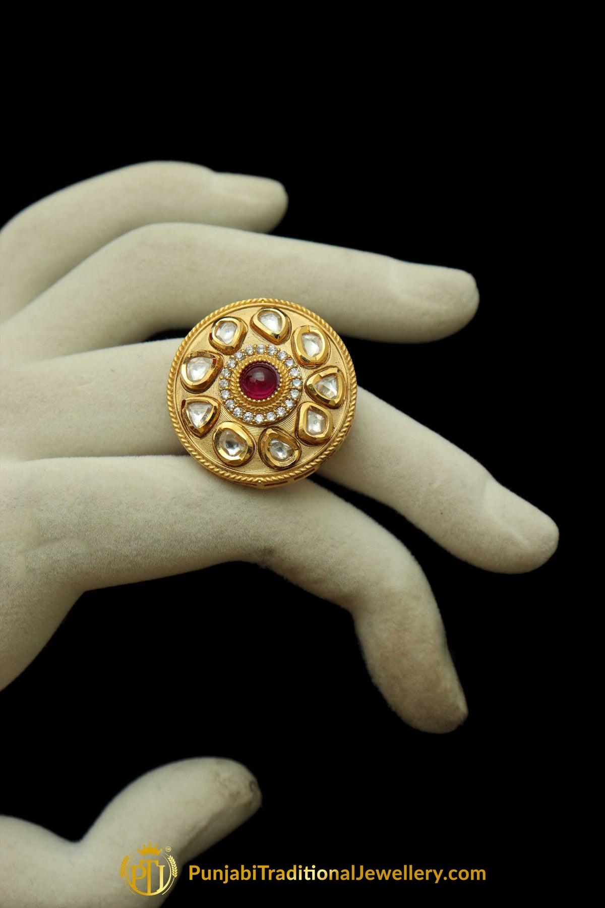 Matt Gold Polki Ring By Punjabi Traditional Jewellery
