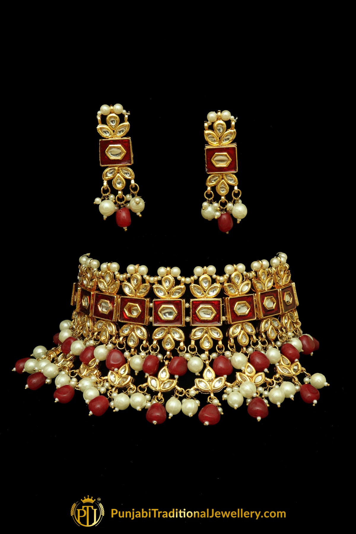 Rubby Meena Kundan Pearl Choker Necklace Set By Punjabi Traditional Jewellery