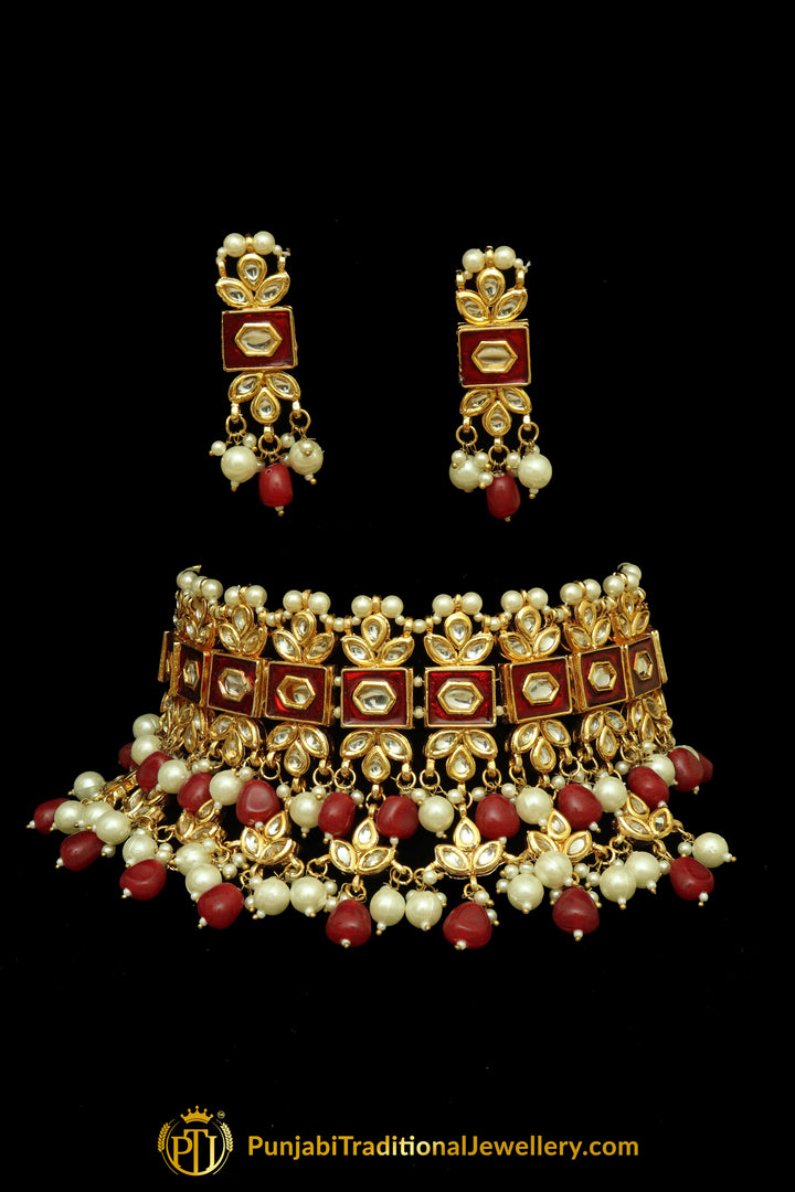 Rubby Meena Kundan Pearl Choker Necklace Set By Punjabi Traditional Jewellery