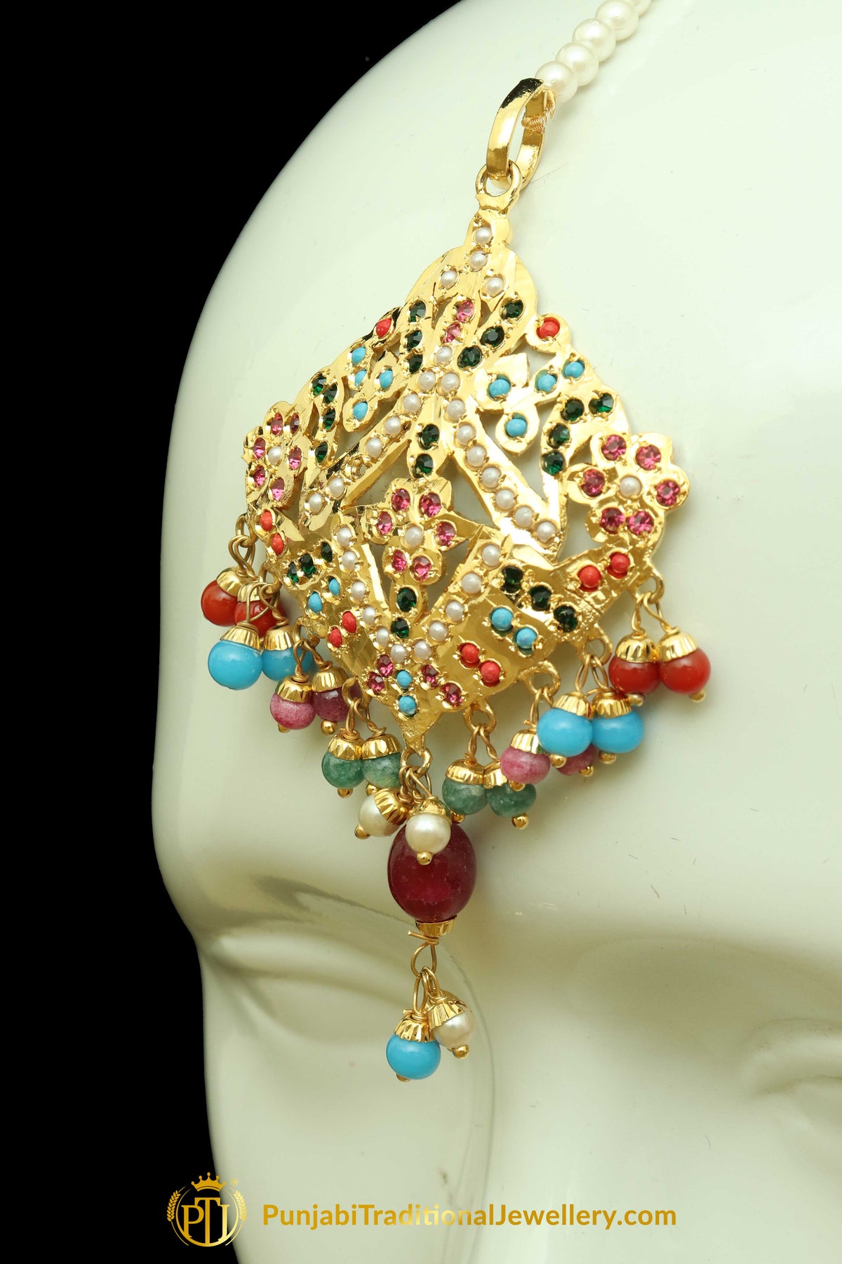 Multi Jadau Pearl Earring Tikka Set By Punjabi Traditional Jewellery