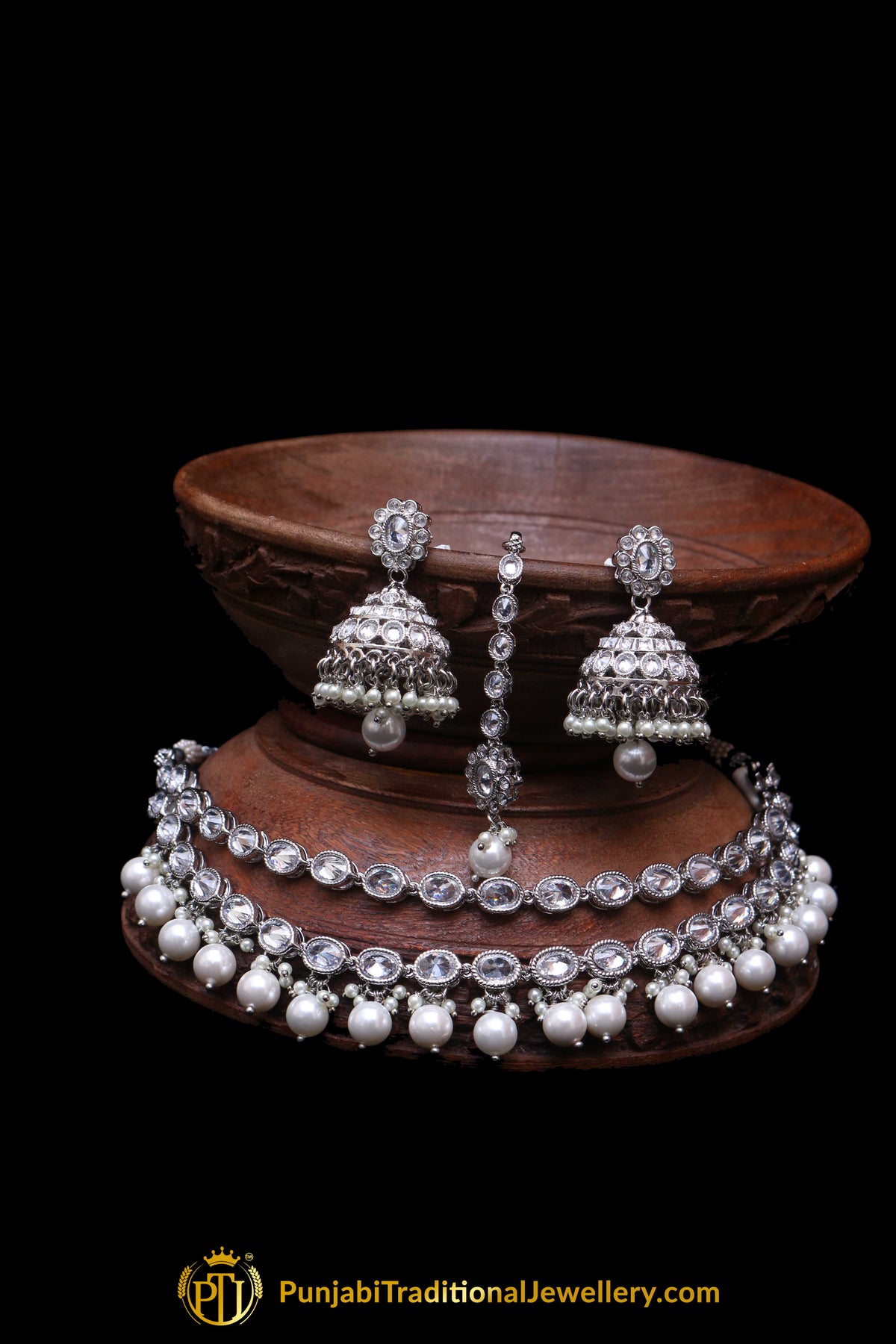 Silver Polki Pearl Necklace Set By Punjabi Traditional Jewellery