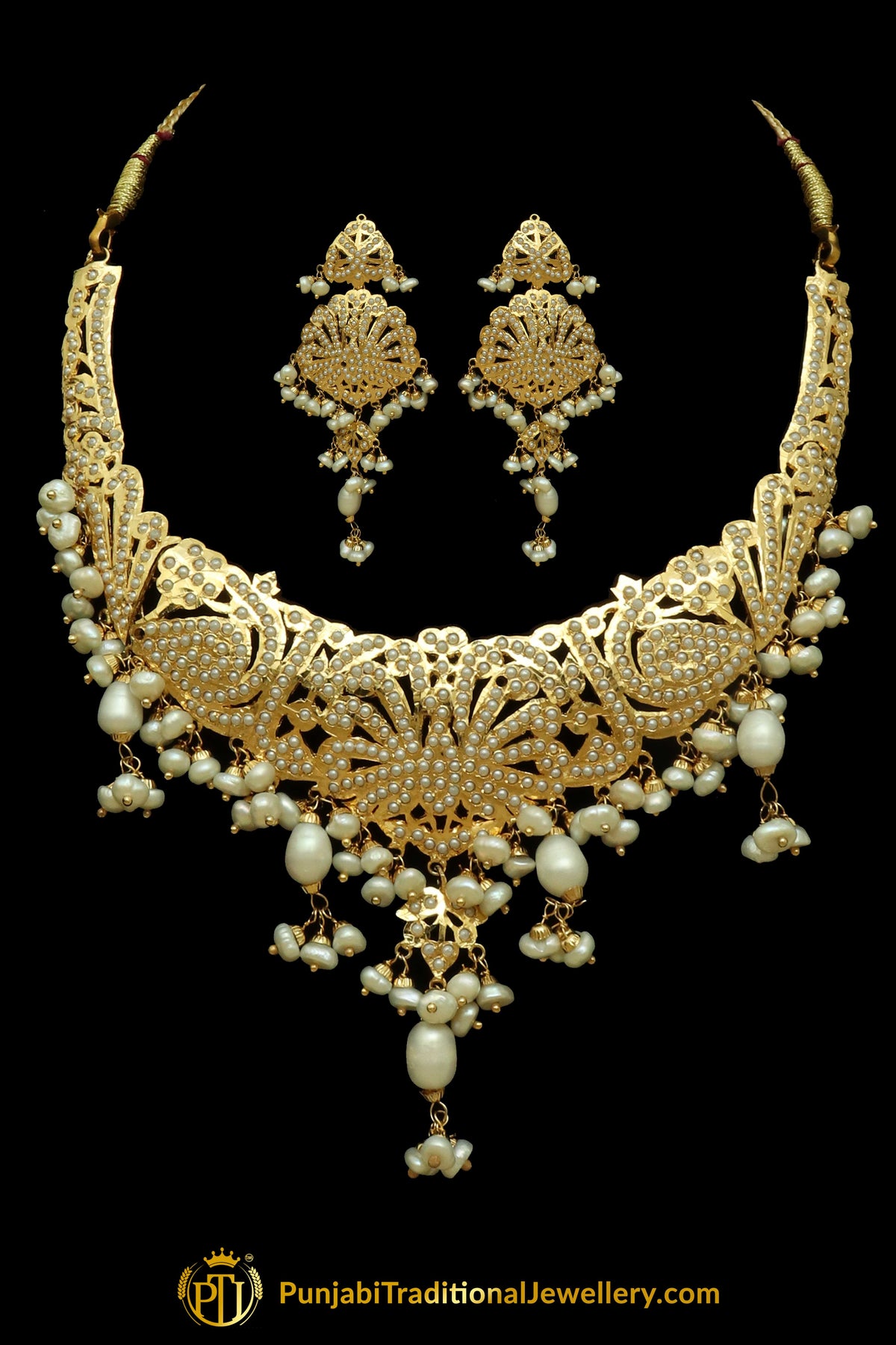 Golden Jadau Pearl Necklace Set By Punjabi Traditional Jewellery