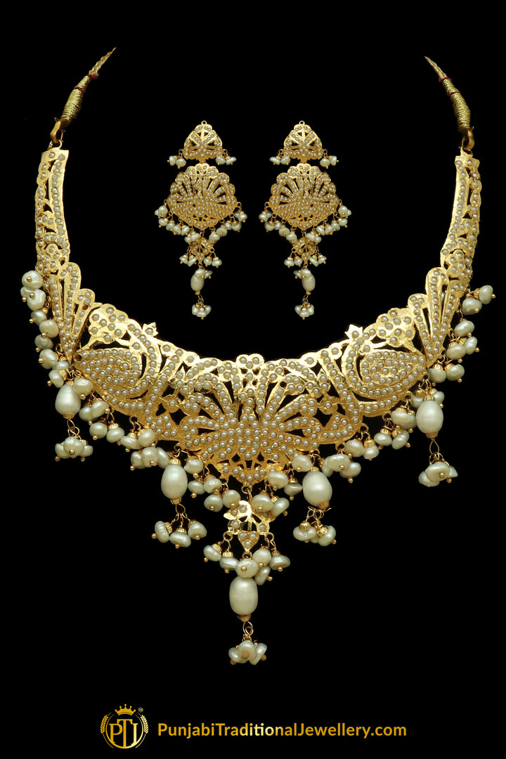 Golden Jadau Pearl Necklace Set By Punjabi Traditional Jewellery