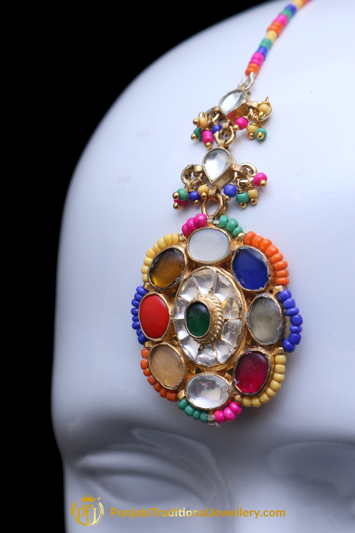 Multi Polki Stud Earrings & Tikka Set By Punjabi Traditional Jewellery