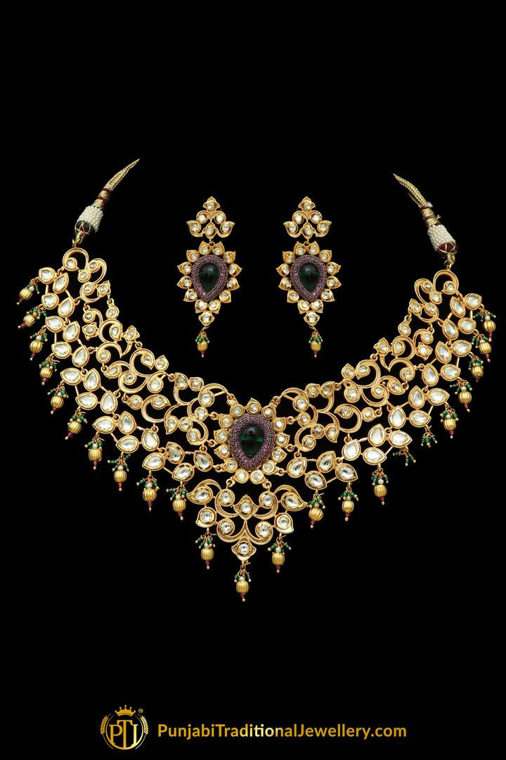 Matt Gold Green Kundan Necklace Set By Punjabi Taditional Jewellery