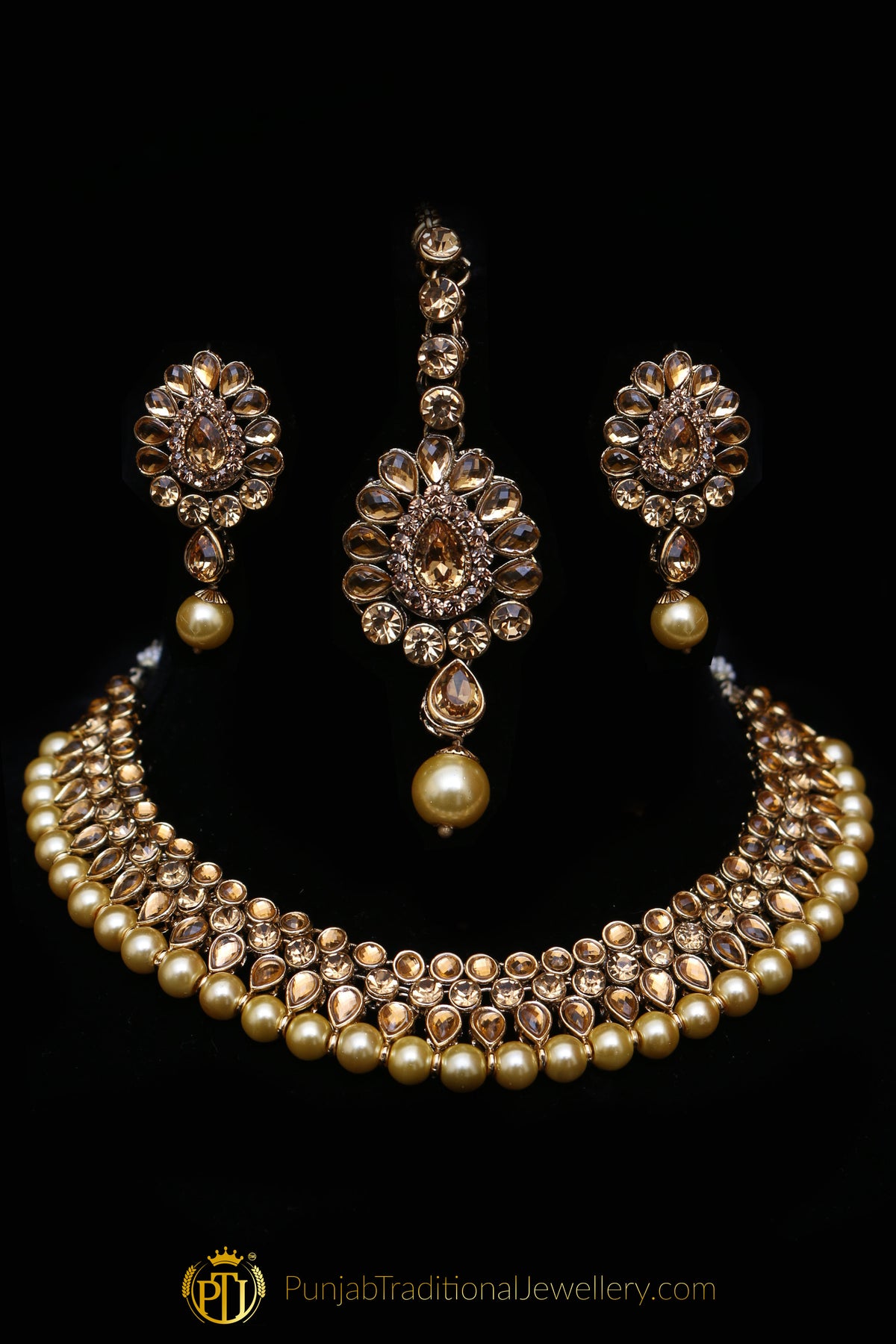 Golden Kundan Necklace Set By Punjabi Traditional Jewellery