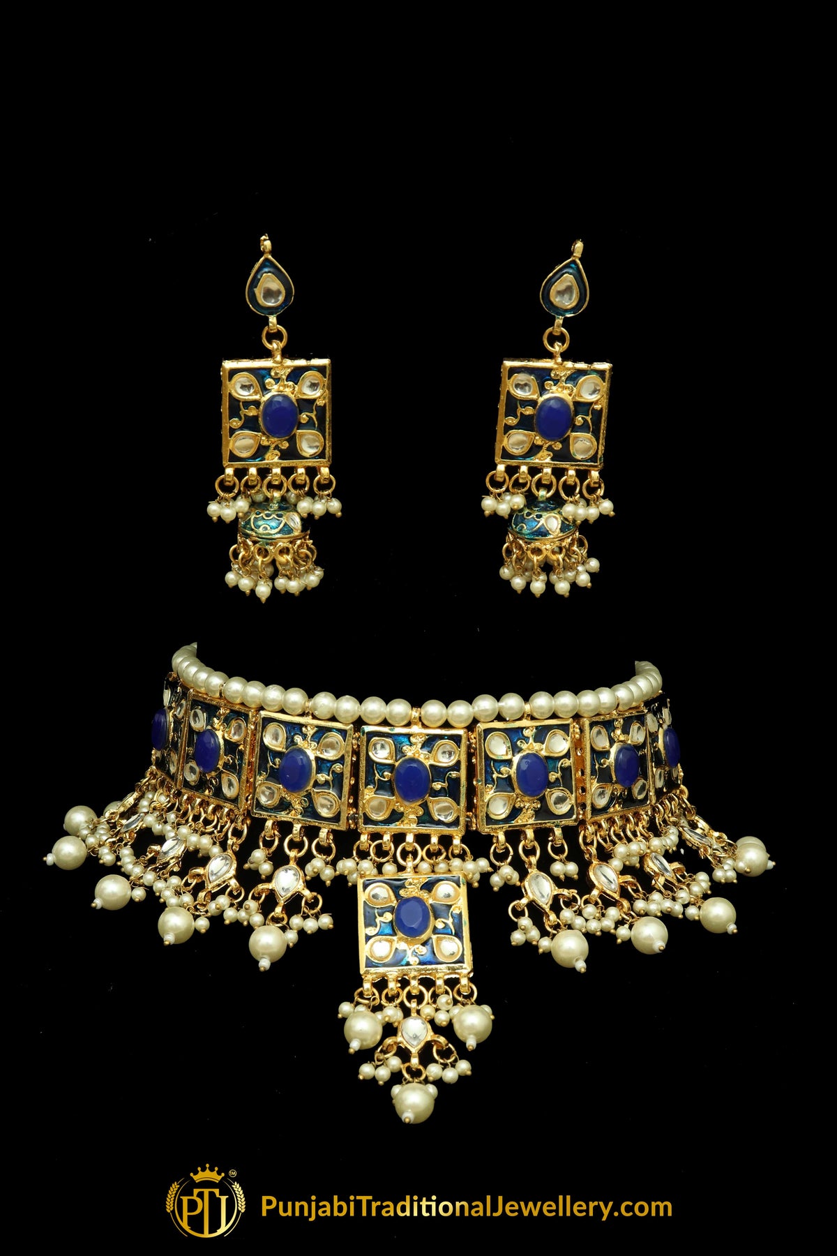 Blue Meena Kundan Pearl Choker Necklace Set By Punjabi Traditional Jewellery