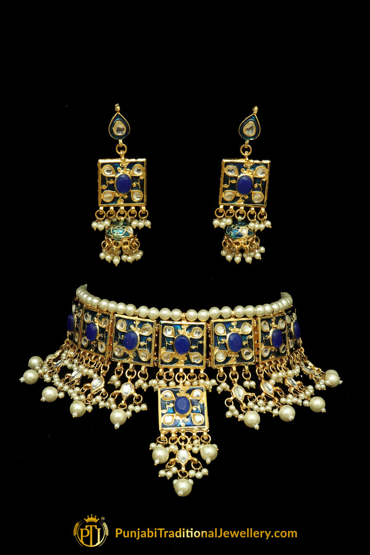 Blue Meena Kundan Pearl Choker Necklace Set By Punjabi Traditional Jewellery