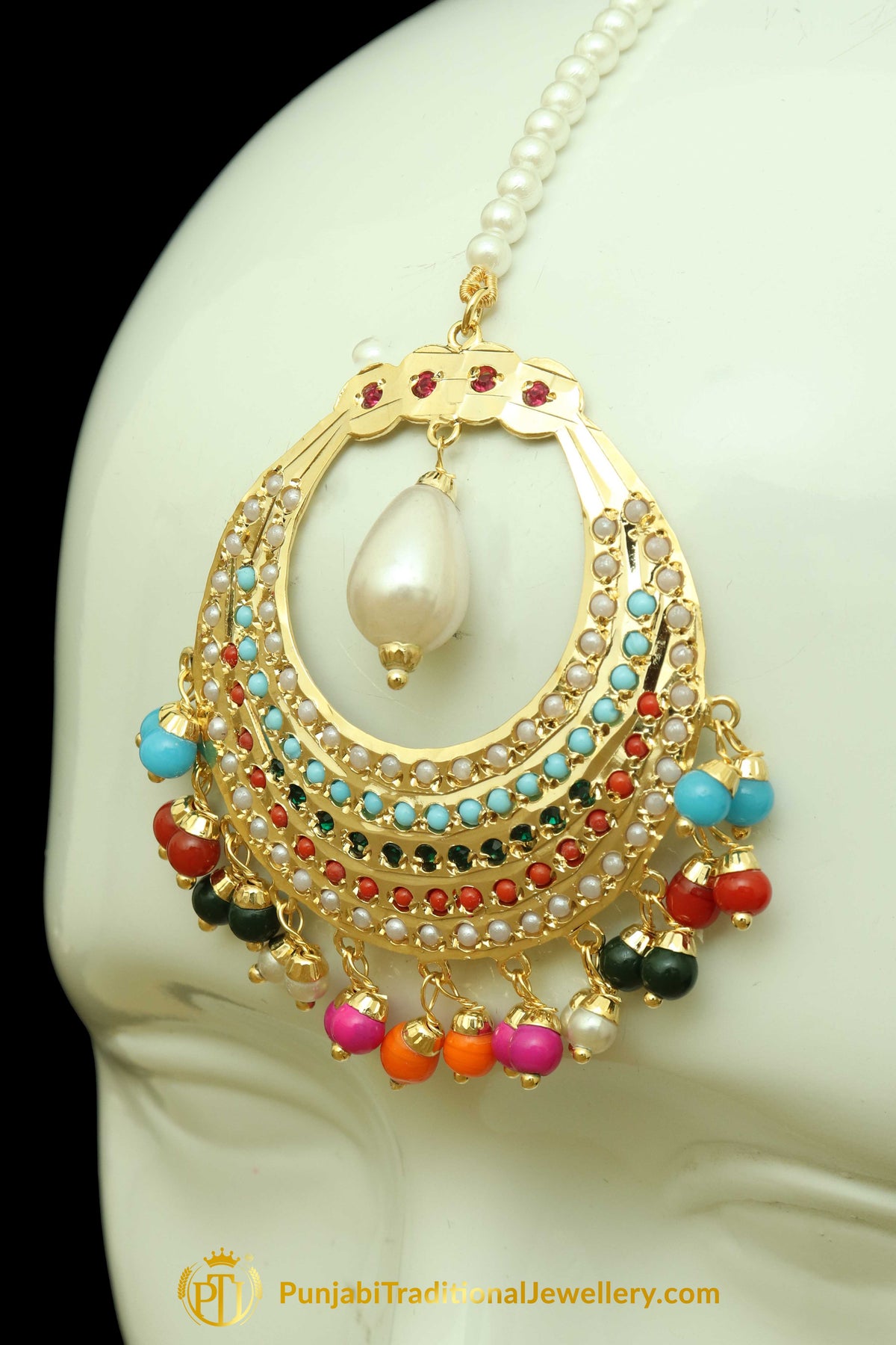 Multi Jadau Pearl Earring Tikka Set By Punjabi Traditional Jewellery
