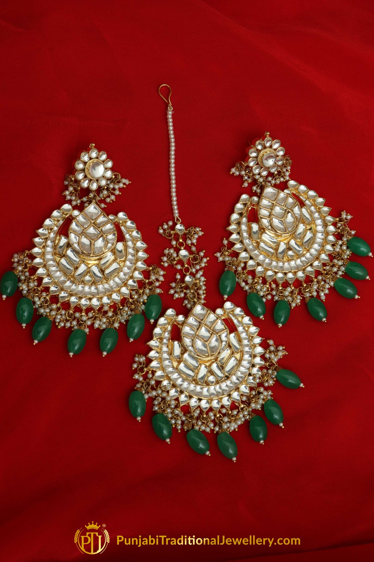 Emerald Kundan Earring Tikka Set | Punjabi Traditional Jewellery Exclusive