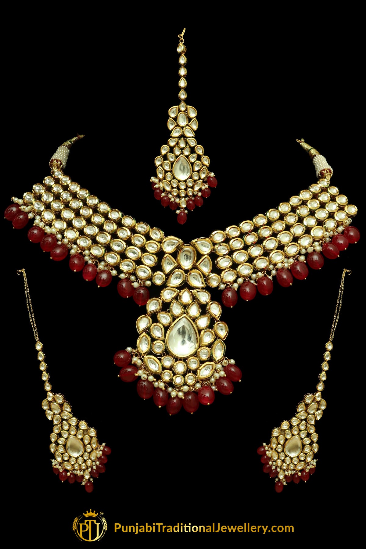 Red Kundan Necklace Set By Punjabi Traditional Jewellery