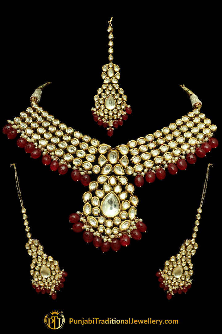 Red Kundan Necklace Set By Punjabi Traditional Jewellery