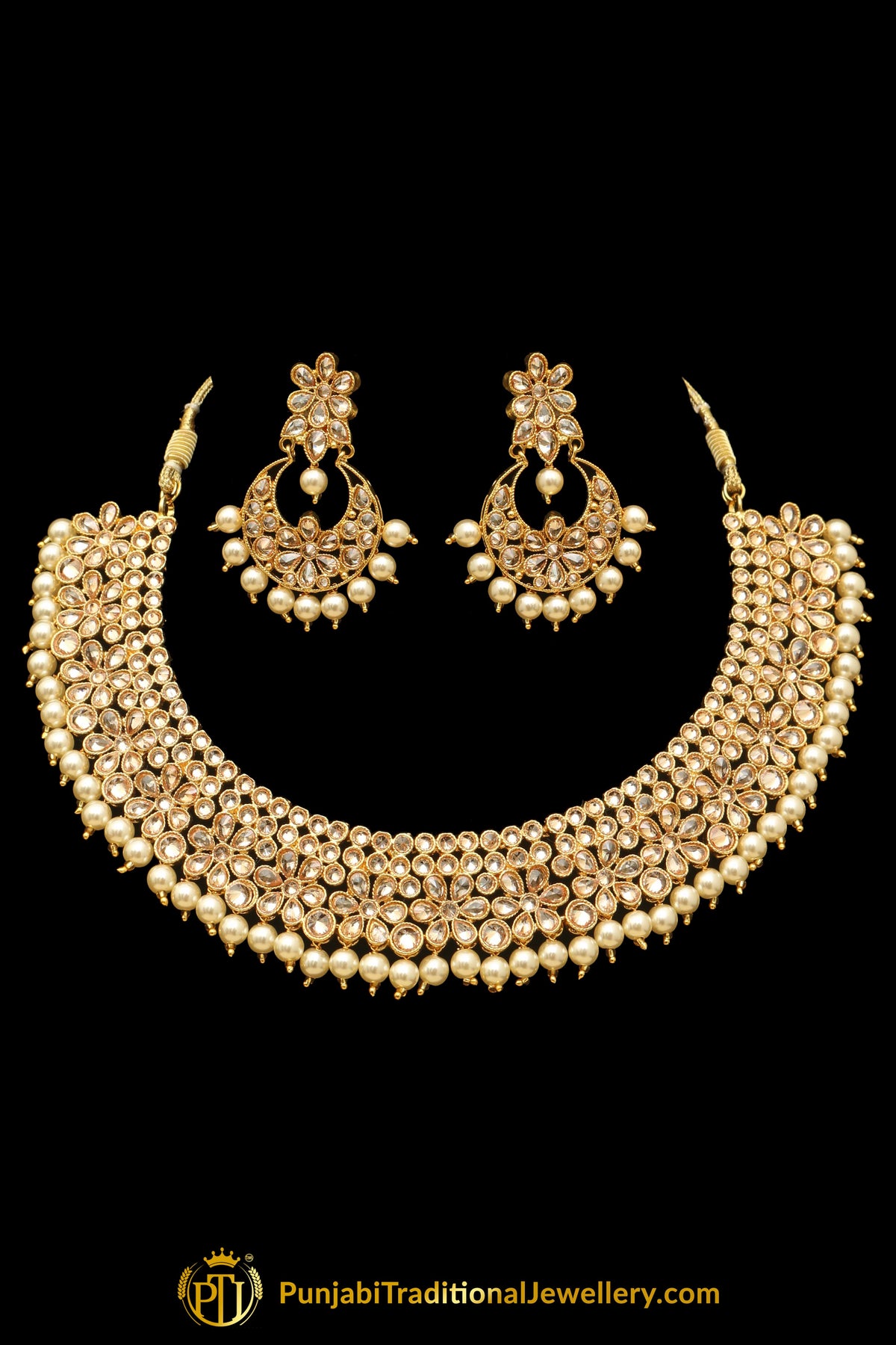 Pearl Champagne Stone Necklace Set By Punjabi Taditional Jewellery