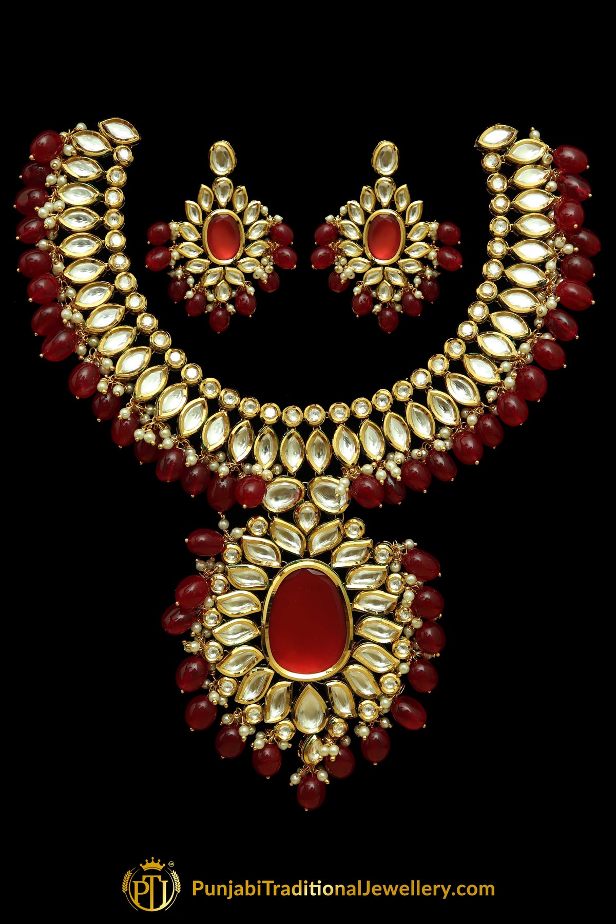 Red Kundan Necklace Set By Punjabi Taditional Jewellery