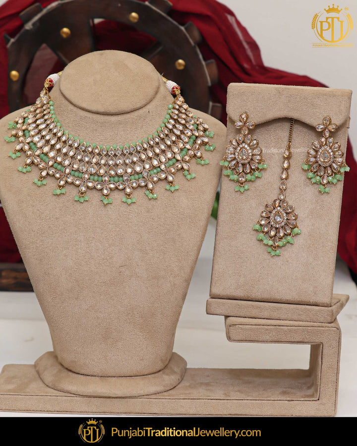 Gold Finished Champagne Stone Pista Green Pearl Necklace Set | Punjabi Traditional Jewellery Exclusive