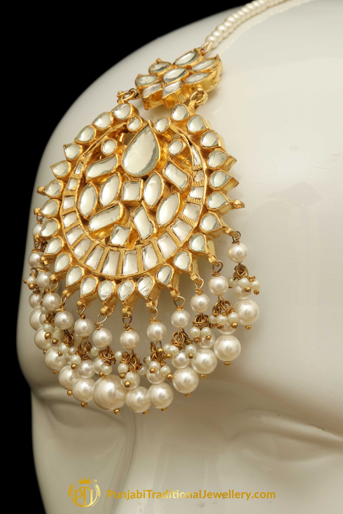 Golden Kundan Pearl Earring Tikka Set | Punjabi Traditional Jewellery Exclusive