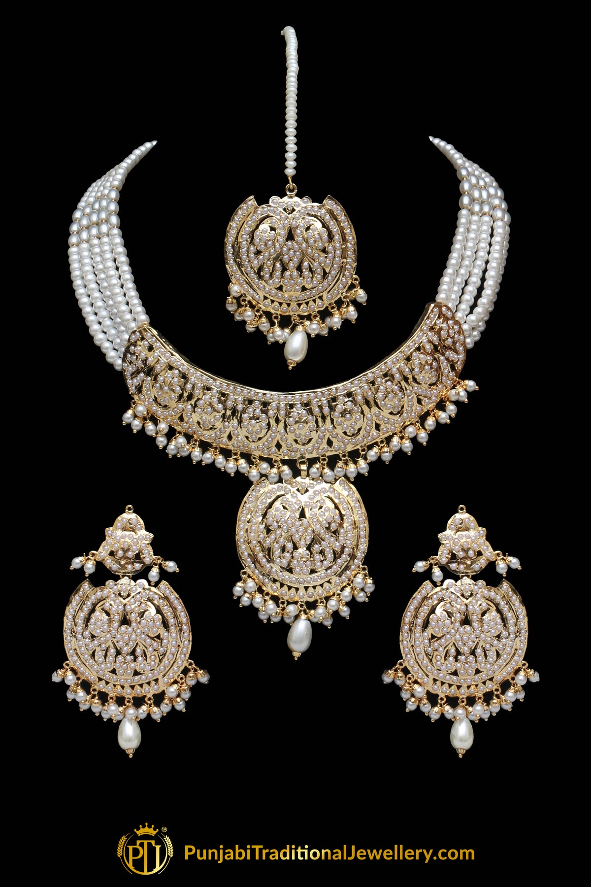 Golden Jadau Necklace Set By Punjabi Traditional Jewellery