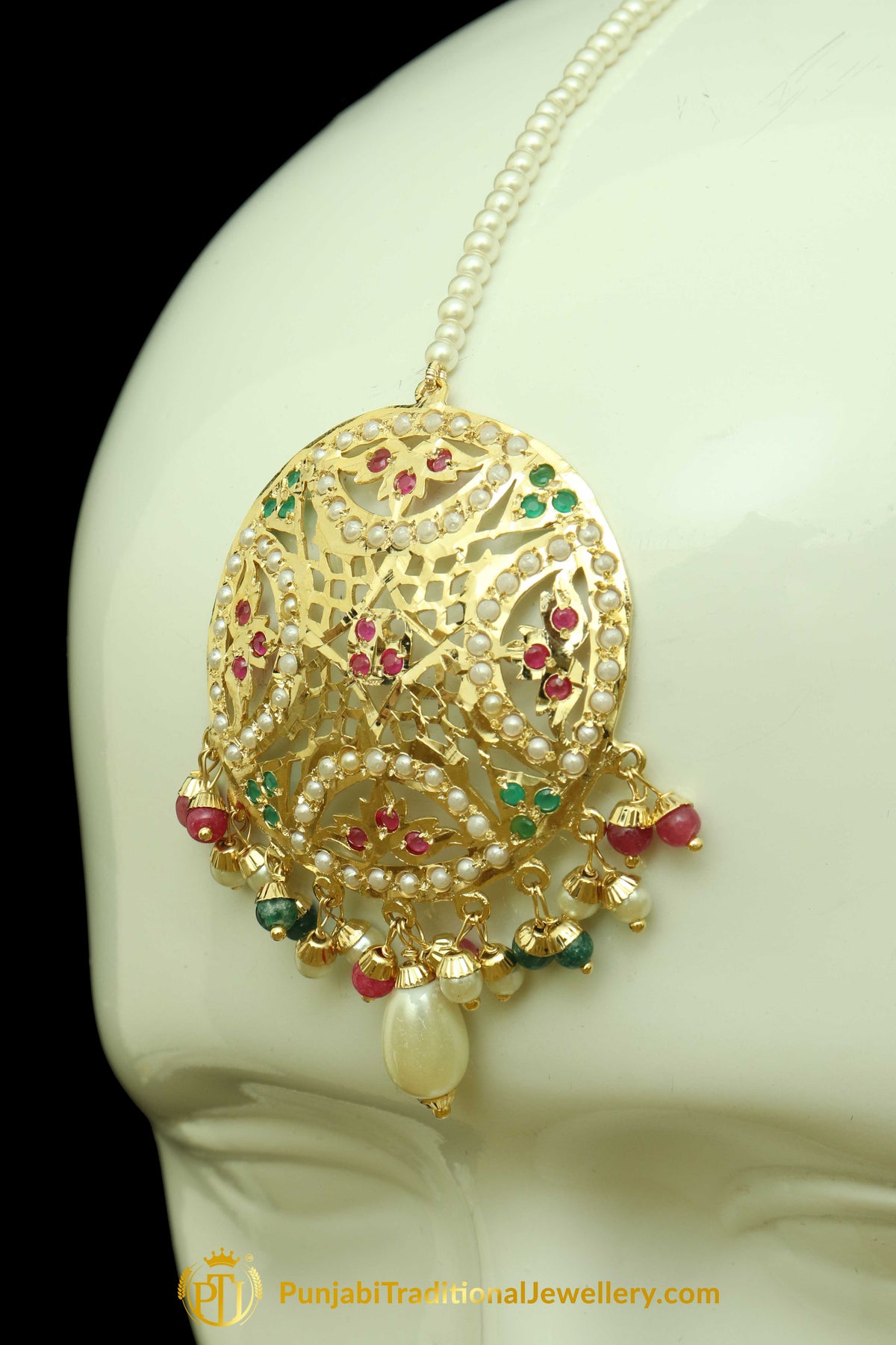 Gold Finished Navratan Jadau Earring Tikka Set By Punjabi Traditional Jewellery