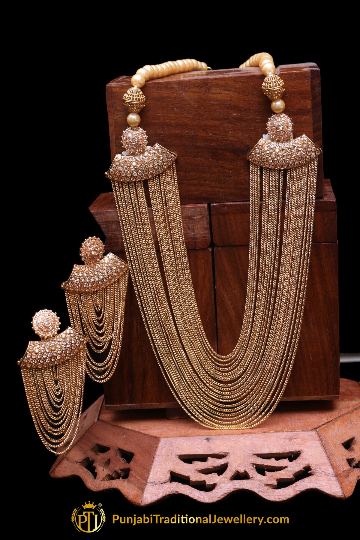 Champagne Stone Antique Gold Necklace Set By Punjabi Traditional Jewellery