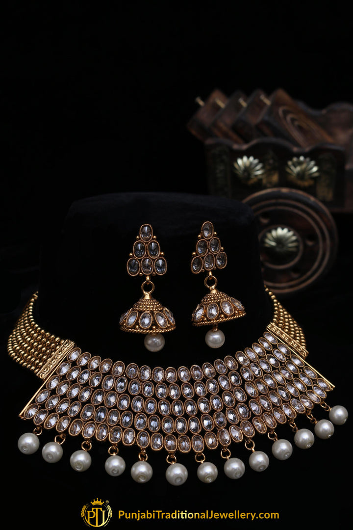 Shabhana Golden Pearl Polki Choker Necklace Set By Punjabi Traditional Jewellery