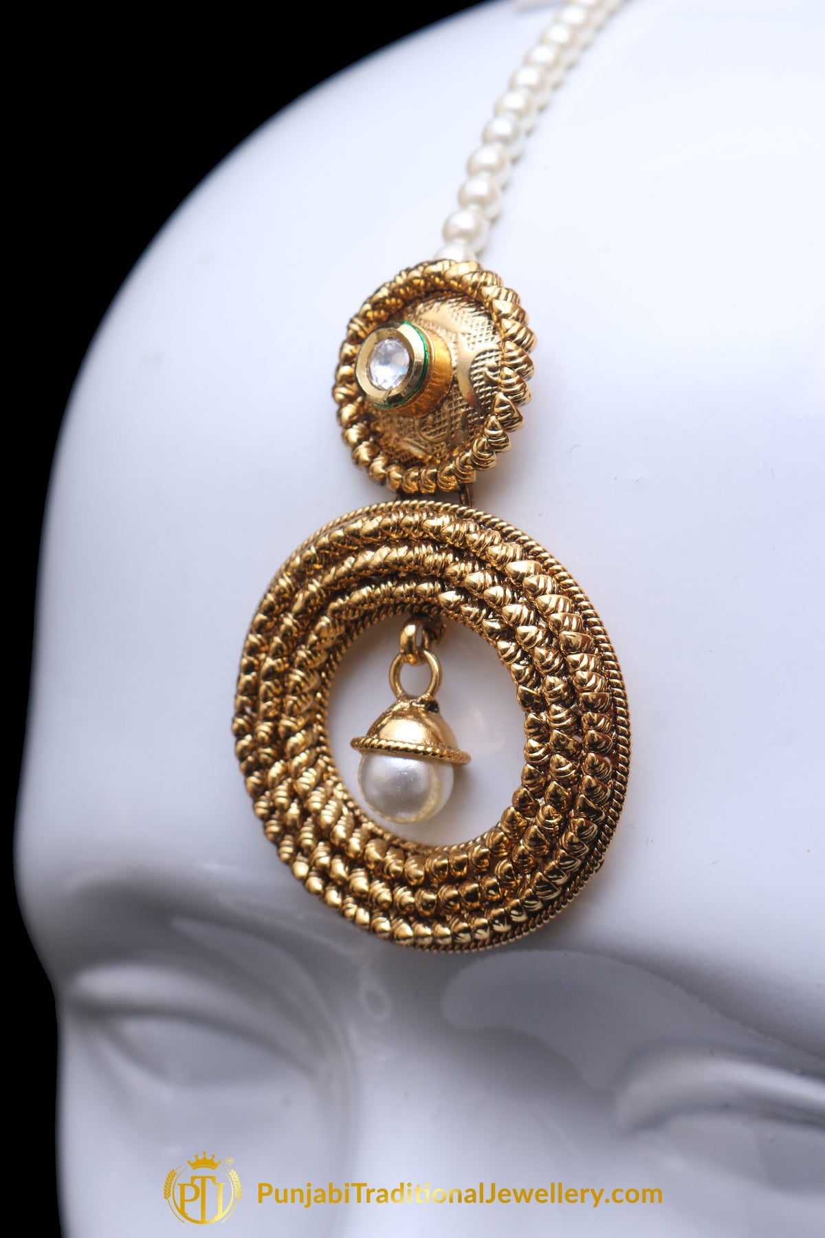 White Antique Gold Earring Tikka Set By Punjabi Traditional Jewellery