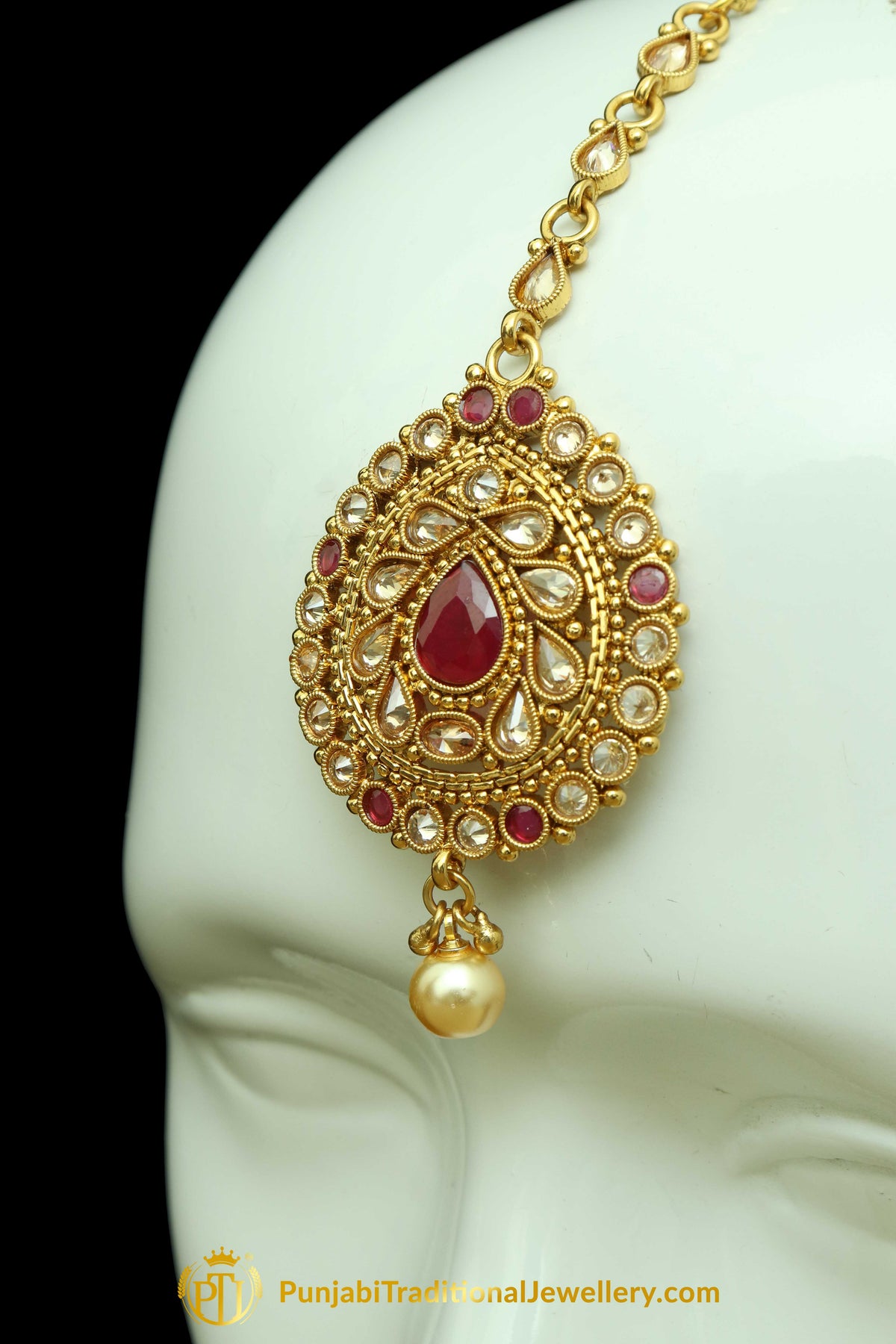 Red Polki Earrings Tikka Set By Punjabi Traditional Jewellery