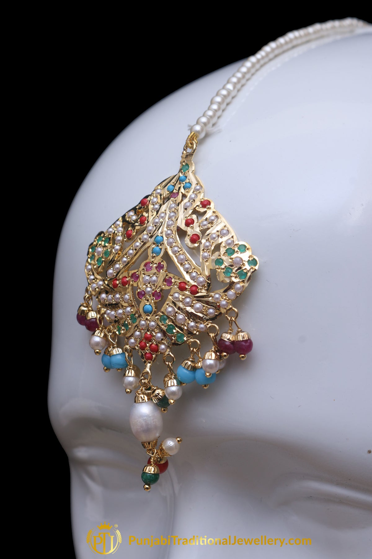 Multi Jadau Pearl Earring Tikka Set By Punjabi Traditional Jewellery