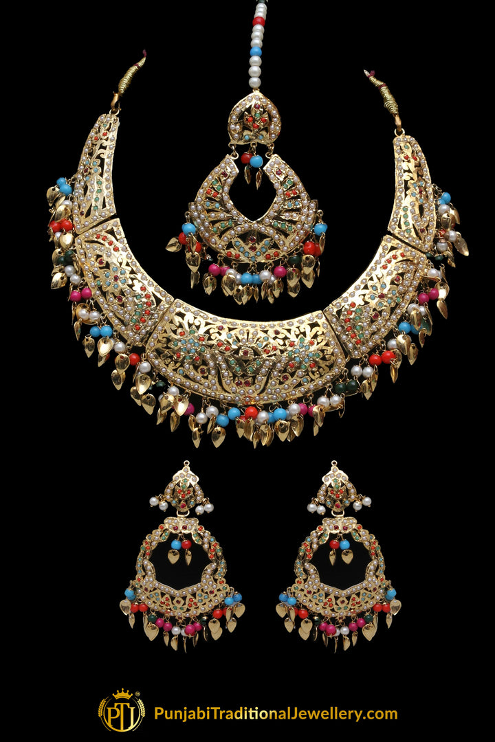 Multi Jadau Pippal Patti Necklace Set By Punjabi Traditional Jewellery