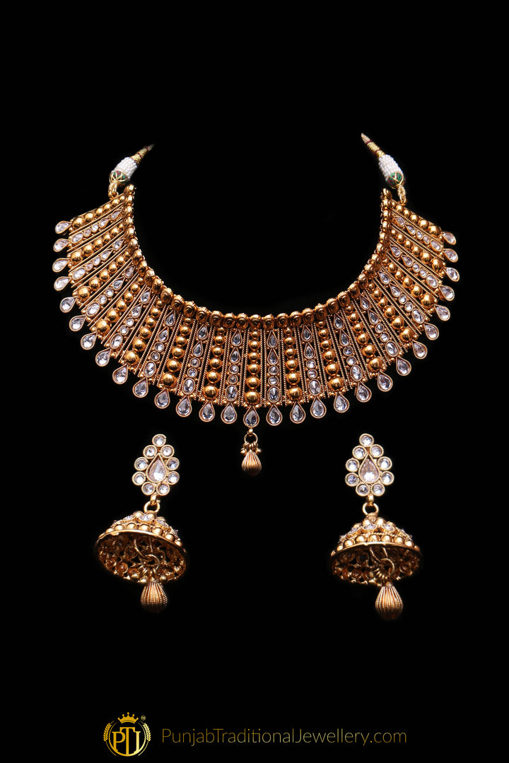 Gold Plated Polki Choker Necklace Set By Punjabi Traditional Jewellery