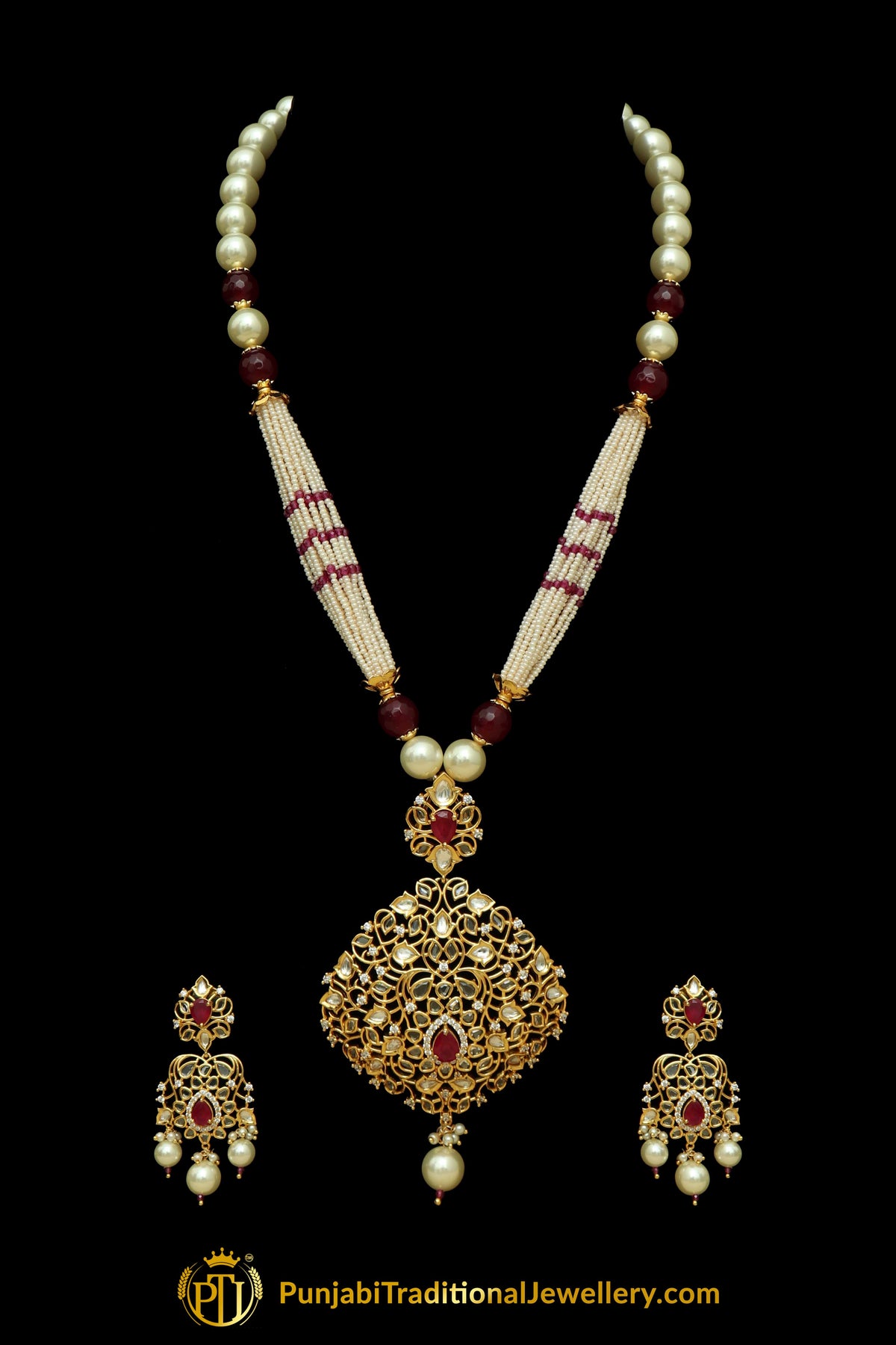 Red Matt Gold  Necklace Set By Punjabi Taditional Jewellery
