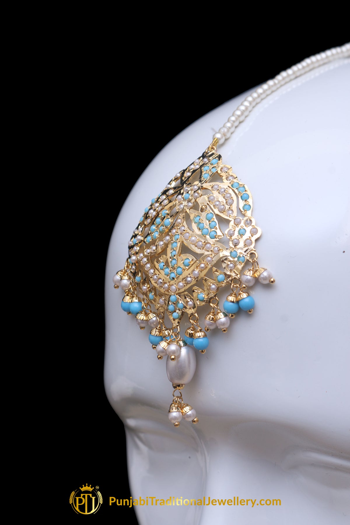 Firozi Jadau Pearl Earring Tikka Set By Punjabi Traditional Jewellery