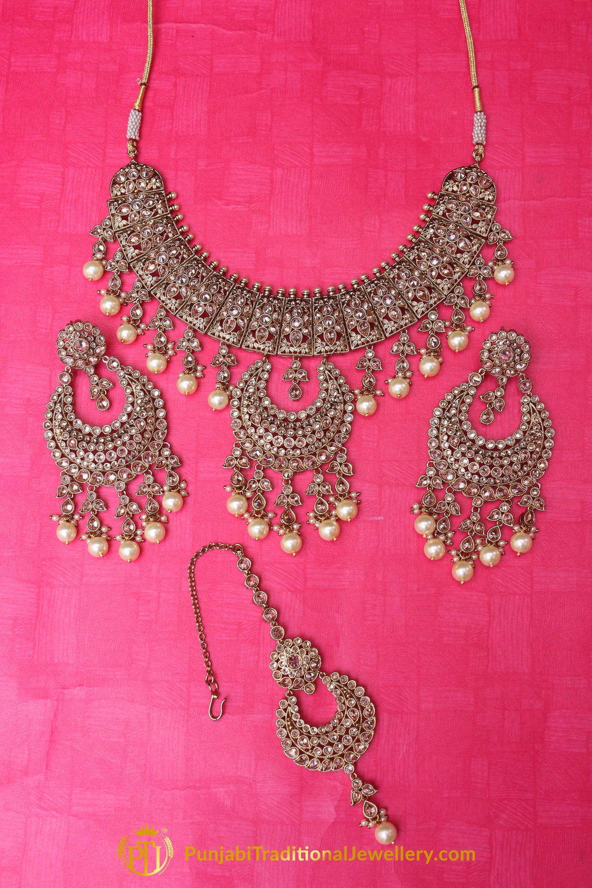 Golden Champagne Stone Necklace Set By Punjabi Traditional Jewellery