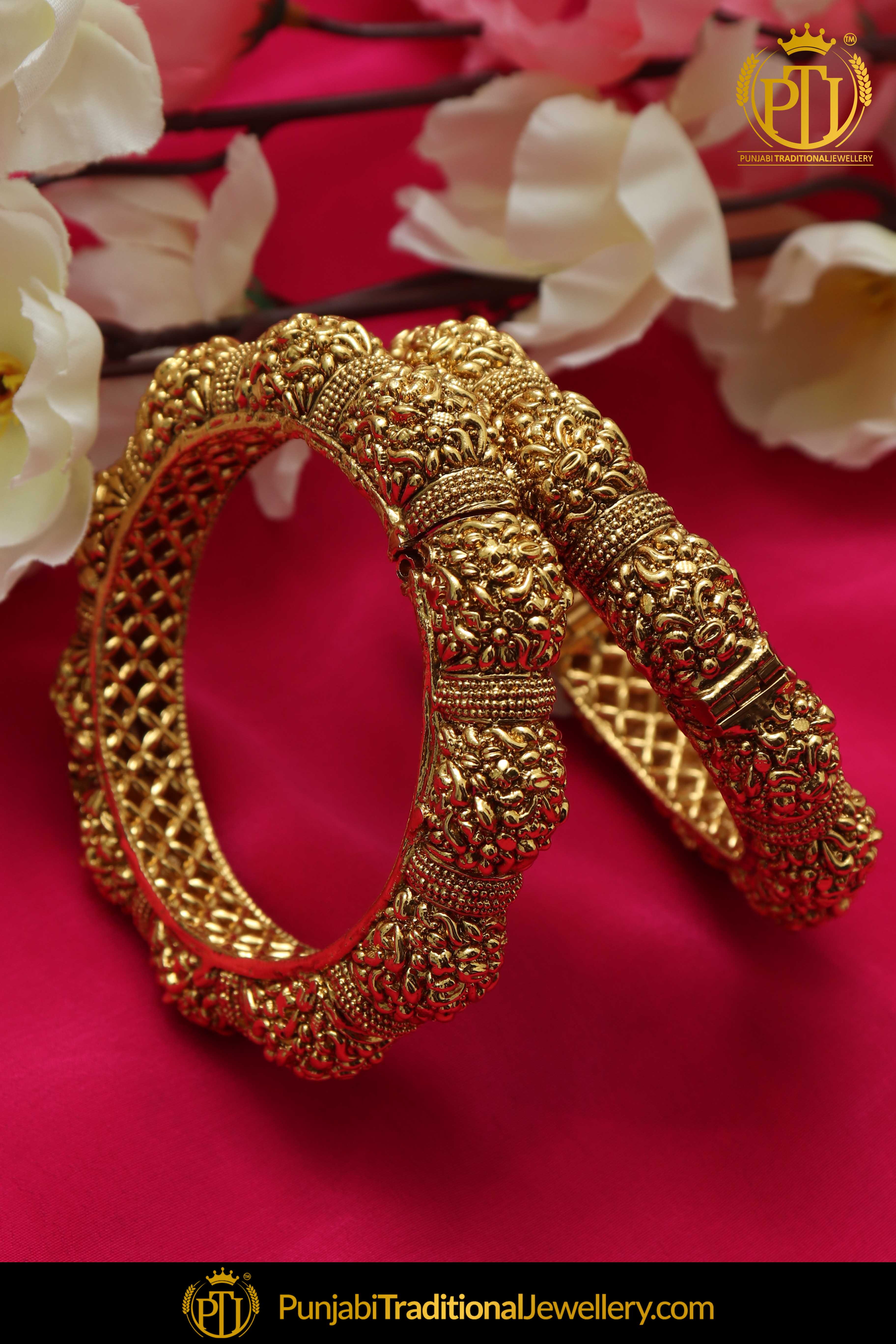 Farheen Antique Gold Finished Gokhdu Openable Karra Bangles (Pair)| Punjabi Traditional Jewellery Exclusive