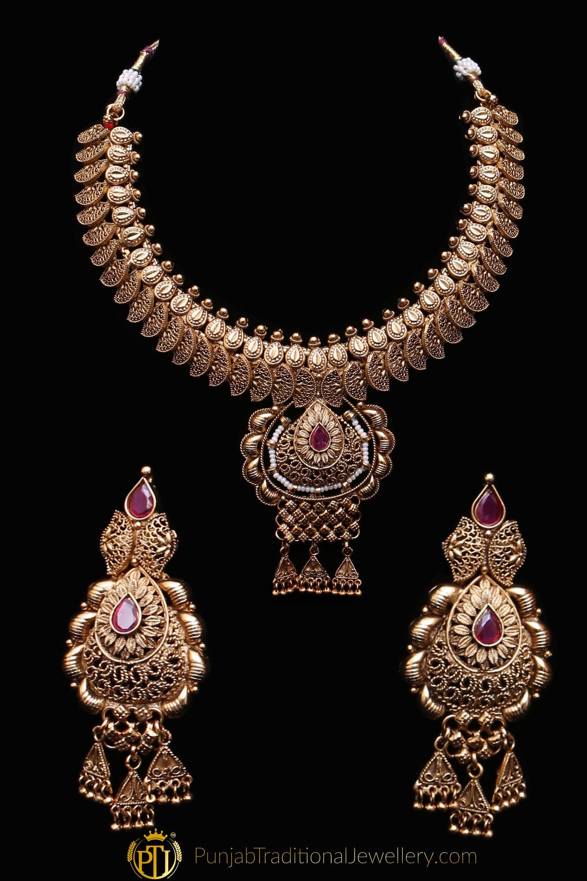Red Antique Gold Necklace Set By Punjabi Traditional Jewellery