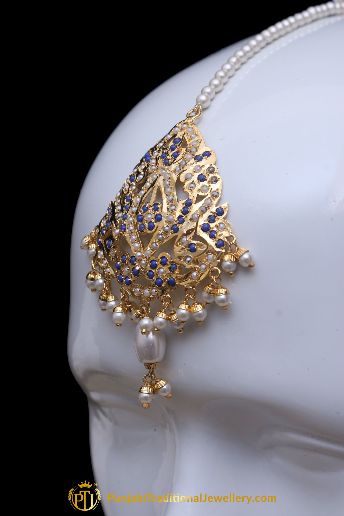 Blue Jadau Pearl Earring Tikka Set By Punjabi Traditional Jewellery