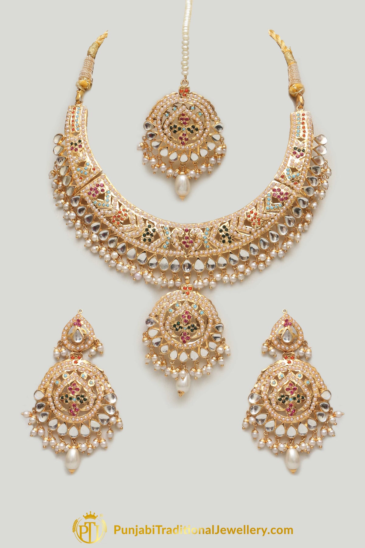 Multi Jadau Pearl Kundan Necklace Set By Punjabi Traditional Jewellery
