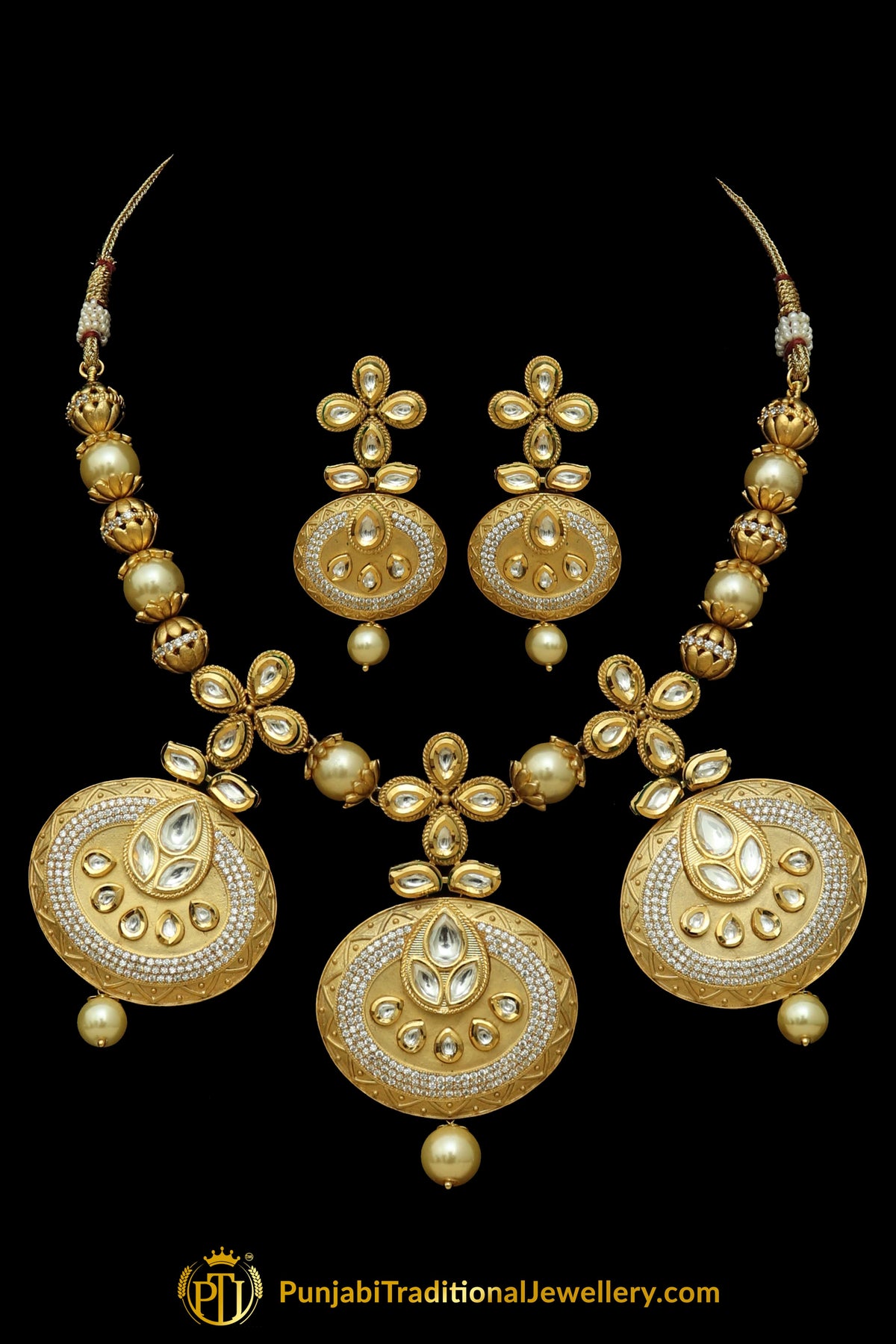 Matt Gold Kundan Pearl Necklace Set By Punjabi Taditional Jewellery