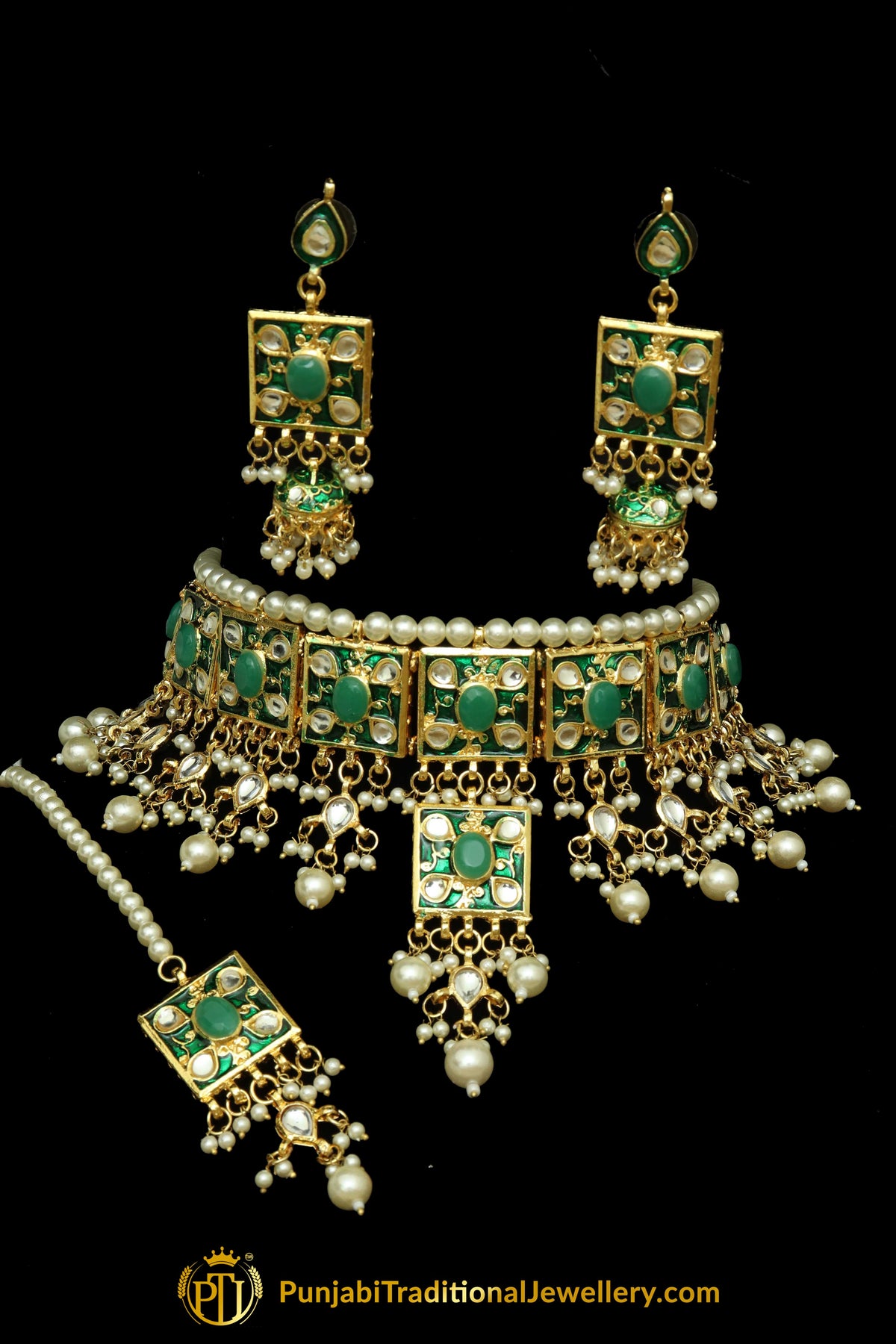 Green Meena Kundan Pearl Choker Necklace Set By Punjabi Traditional Jewellery
