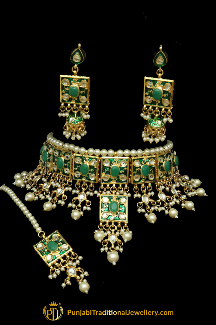 Green Meena Kundan Pearl Choker Necklace Set By Punjabi Traditional Jewellery